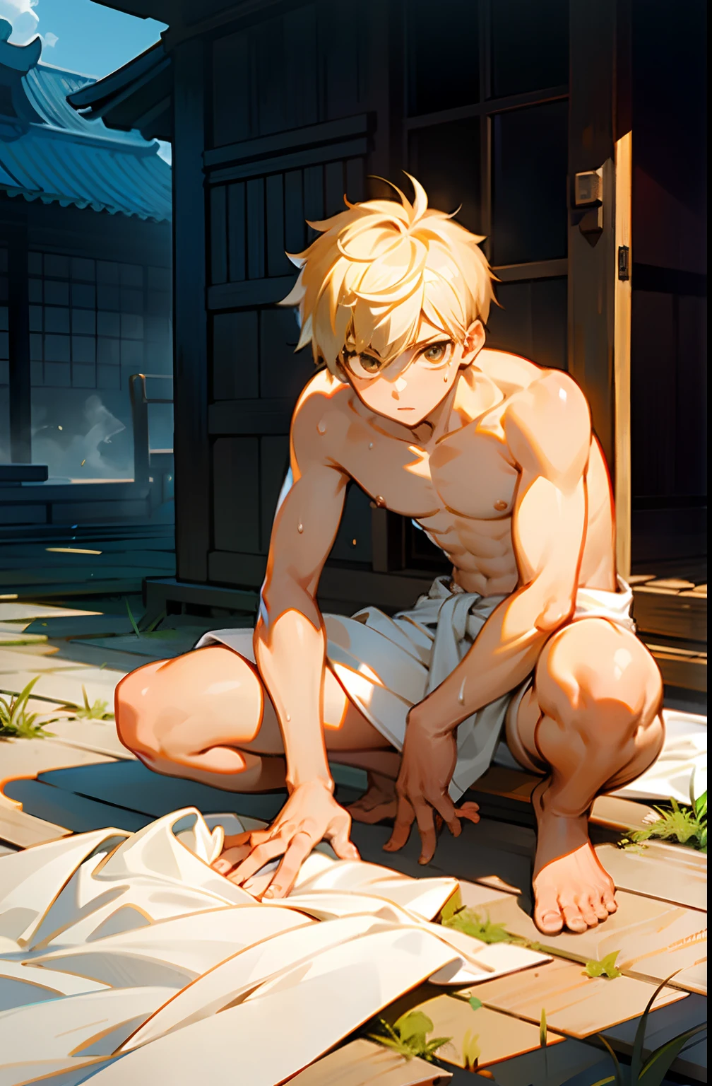 masterpiece, best quality, high quality,  1boy,10yo, , duo, male focus, full body, looking at viewer, light yellow hair, brown eye,spiky hairstyle, short hair, steam smork, japan style,  anime coloring, shy, home muji style, detailed face, topless, white towel on waist,white silk, outdoor, sweat, open legs, hand put on knee