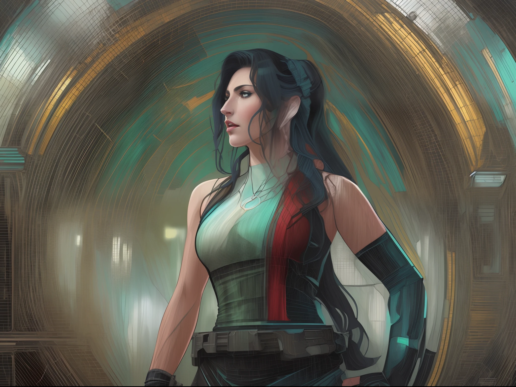 tifa ff7, oil on matte canvas, sharp details, the expanse scifi spacescape ceres colony, intricate, highly detailed, digital painting, rich color, smooth, sharp focus, illustration, Unreal Engine 5, 8K, art by artgerm and greg rutkowski and alphonse mucha