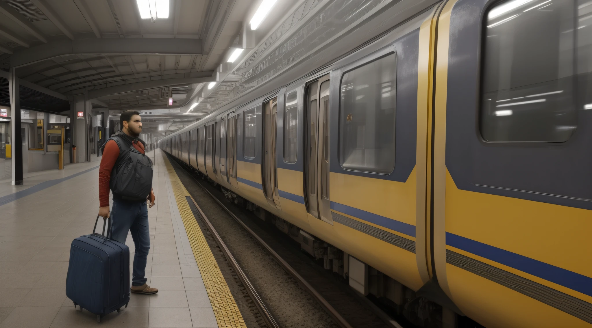 desenho, Ultra realista, 8k, extremamente detalhado, na melhor qualidade, Illustrate a job seeker looking dejectedly at a departing train at the station, representando a perda de uma entrevista.