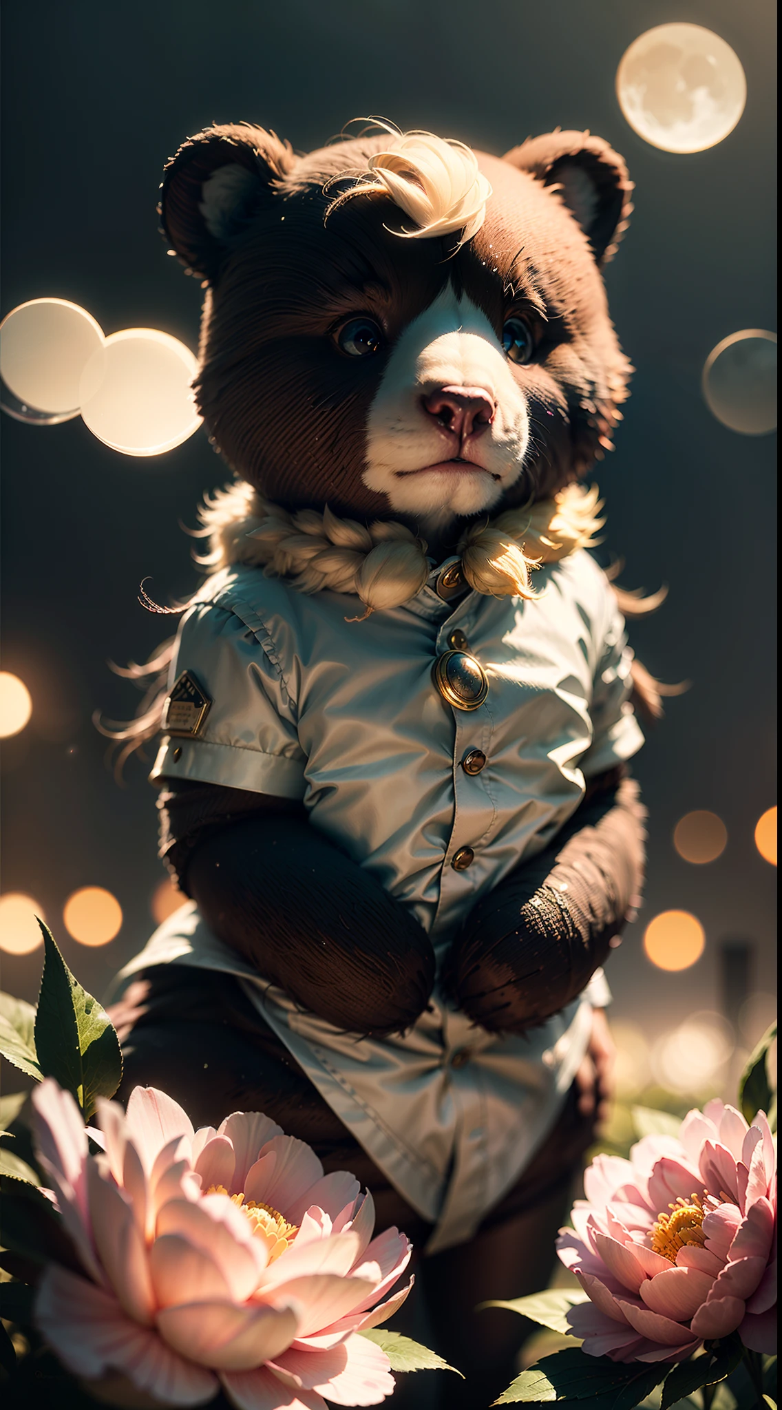 DreamShaper:3.2, photografic, BotanicalU.S., Beatrix Potter style, peony, Fluffy Bear, Neon clouds, soft light, bokeh , mist, macro, No addition of a person, No hand addition