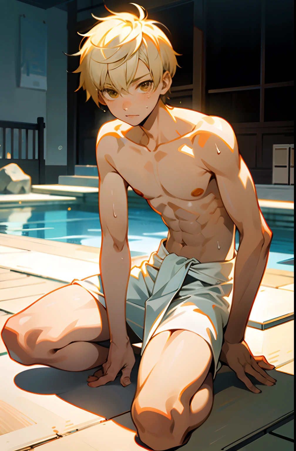 masterpiece, best quality, high quality,  1boy,****, , duo, male focus, full body, looking at viewer, light yellow hair, brown eye,spiky hairstyle, short hair, steam smork, japan style,  anime coloring, shy, home muji style, detailed face, topless, white towel on waist,white silk, outdoor, sweat, open legs