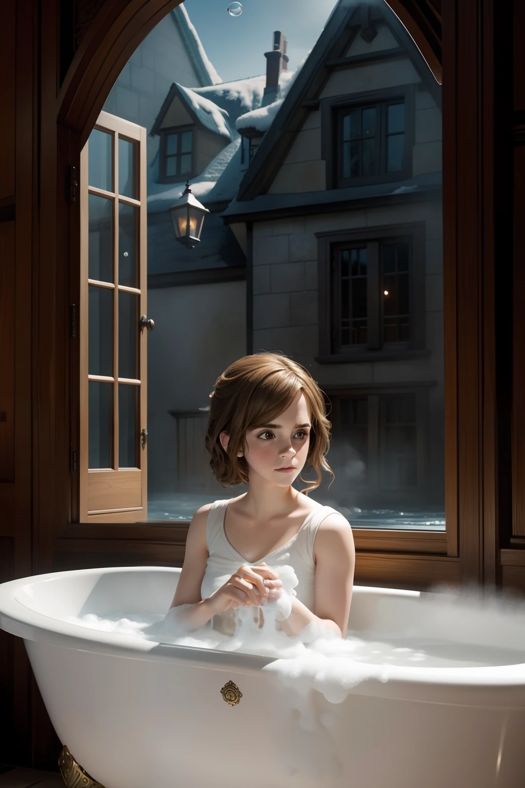 Emma Watson as Hermione Granger, taking a bubble bath in a Hogwart bathtub, with a curious peeper peeking out from the window.