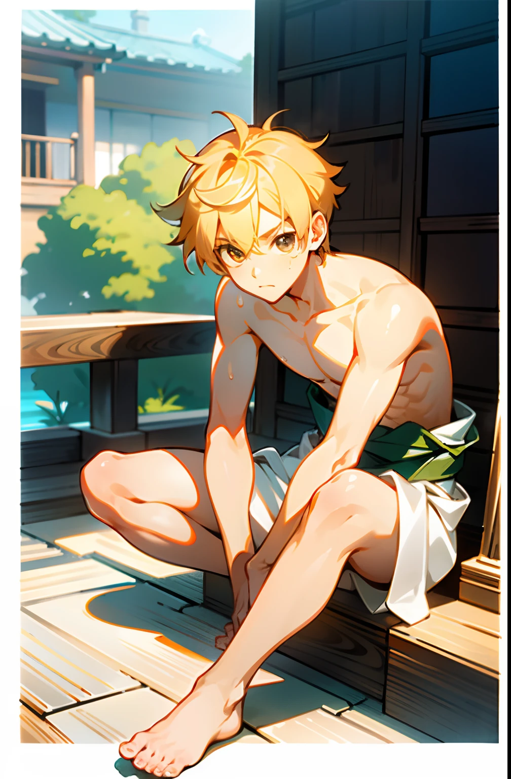 masterpiece, best quality, high quality,  1boy,, , duo, male focus, full body, looking at viewer, light yellow hair, brown eye,spiky hairstyle, short hair, steam smork, japan style,  anime coloring, shy, home muji style, detailed face, topless, white towel on waist,white silk, outdoor, sweat, open legs, hand put on knee