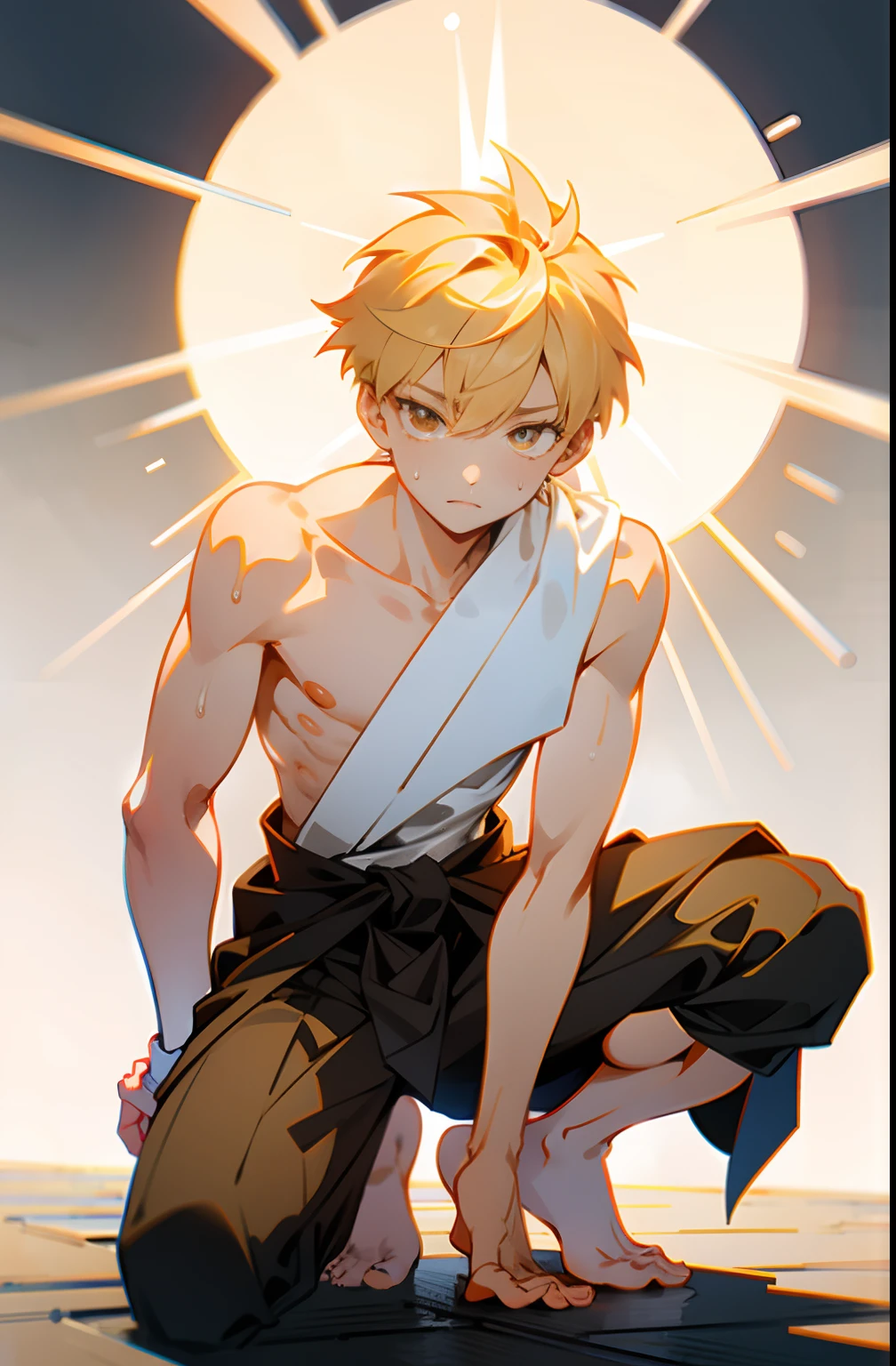 masterpiece, best quality, high quality,  1boy,, , duo, male focus, full body, looking at viewer, light yellow hair, brown eye,spiky hairstyle, short hair, steam smork, japan style,  anime coloring, shy, home muji style, detailed face, topless, white towel on waist,white silk, outdoor, sweat, open legs, hand put on knee