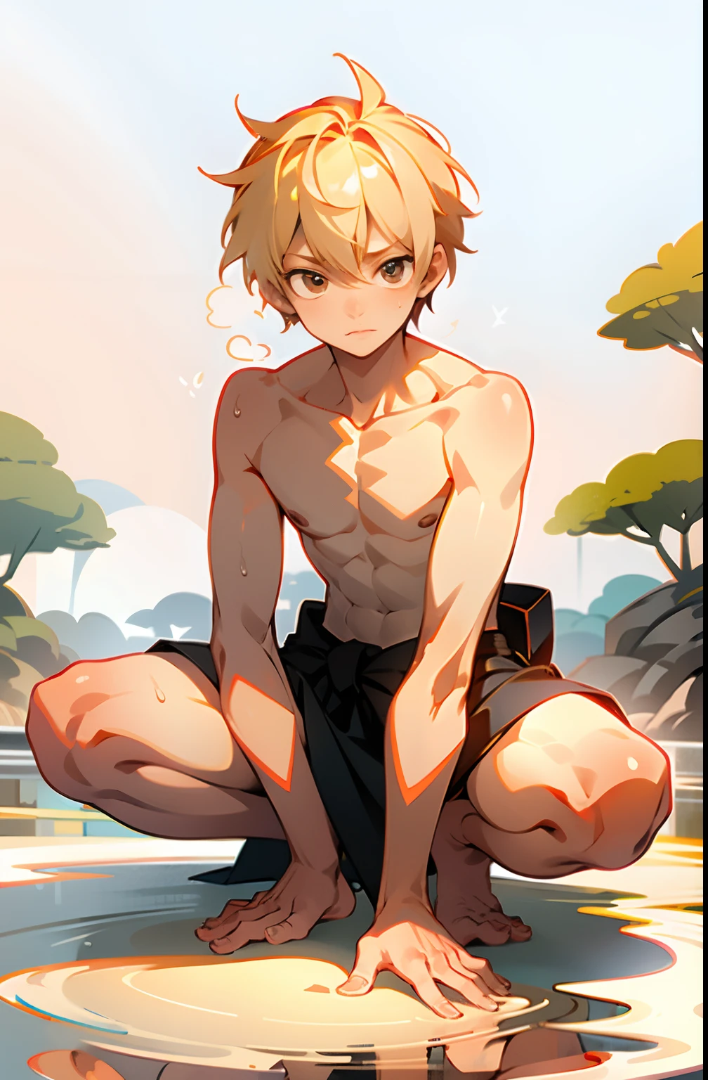 masterpiece, best quality, high quality,  1boy,, , duo, male focus, full body, looking at viewer, light yellow hair, brown eye,spiky hairstyle, short hair, steam smork, japan style,  anime coloring, shy, home muji style, detailed face, topless, white towel on waist,white silk, outdoor, sweat, open legs