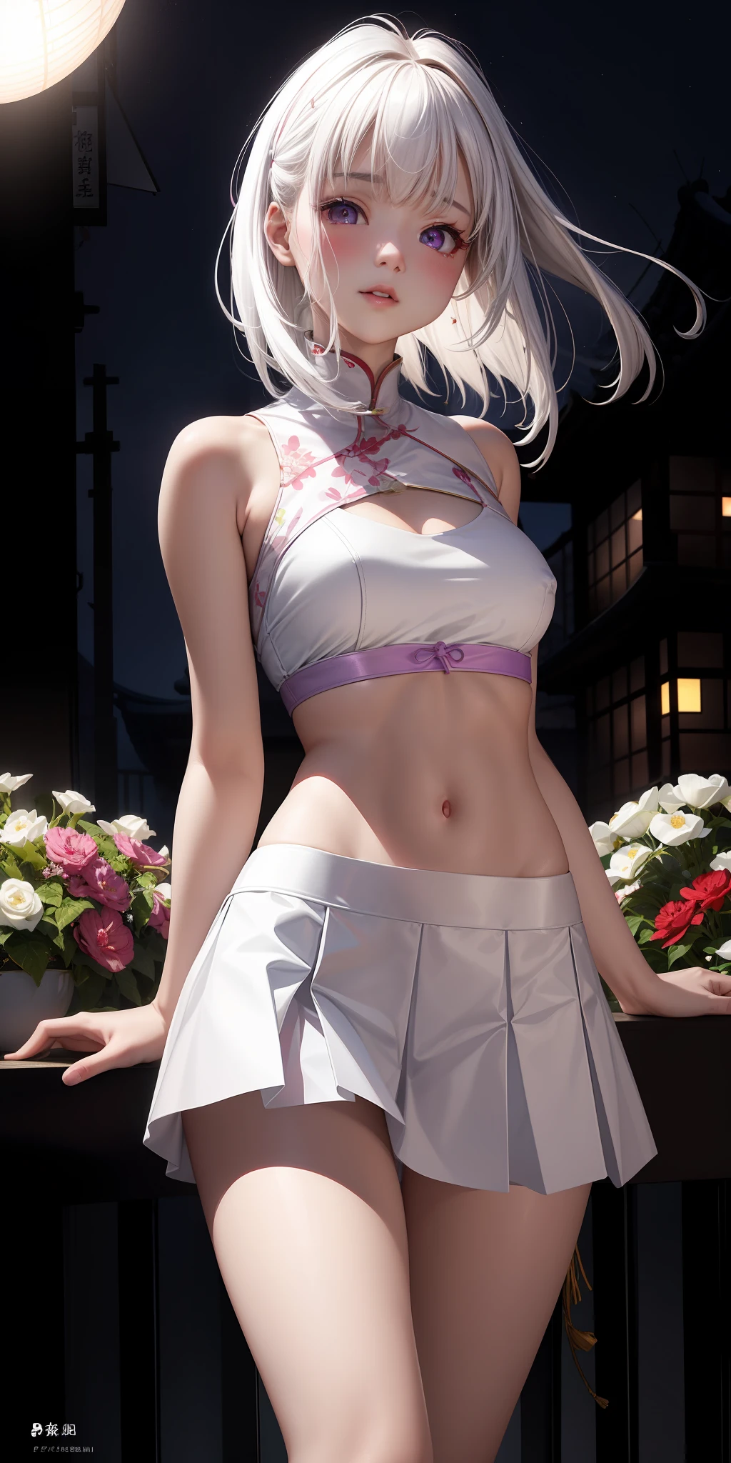 realistic, 1girl, white hair, purple eyes, glowing eyes, crop top, skirt, parted lips, blush, night, flowers, sun, sunlight,