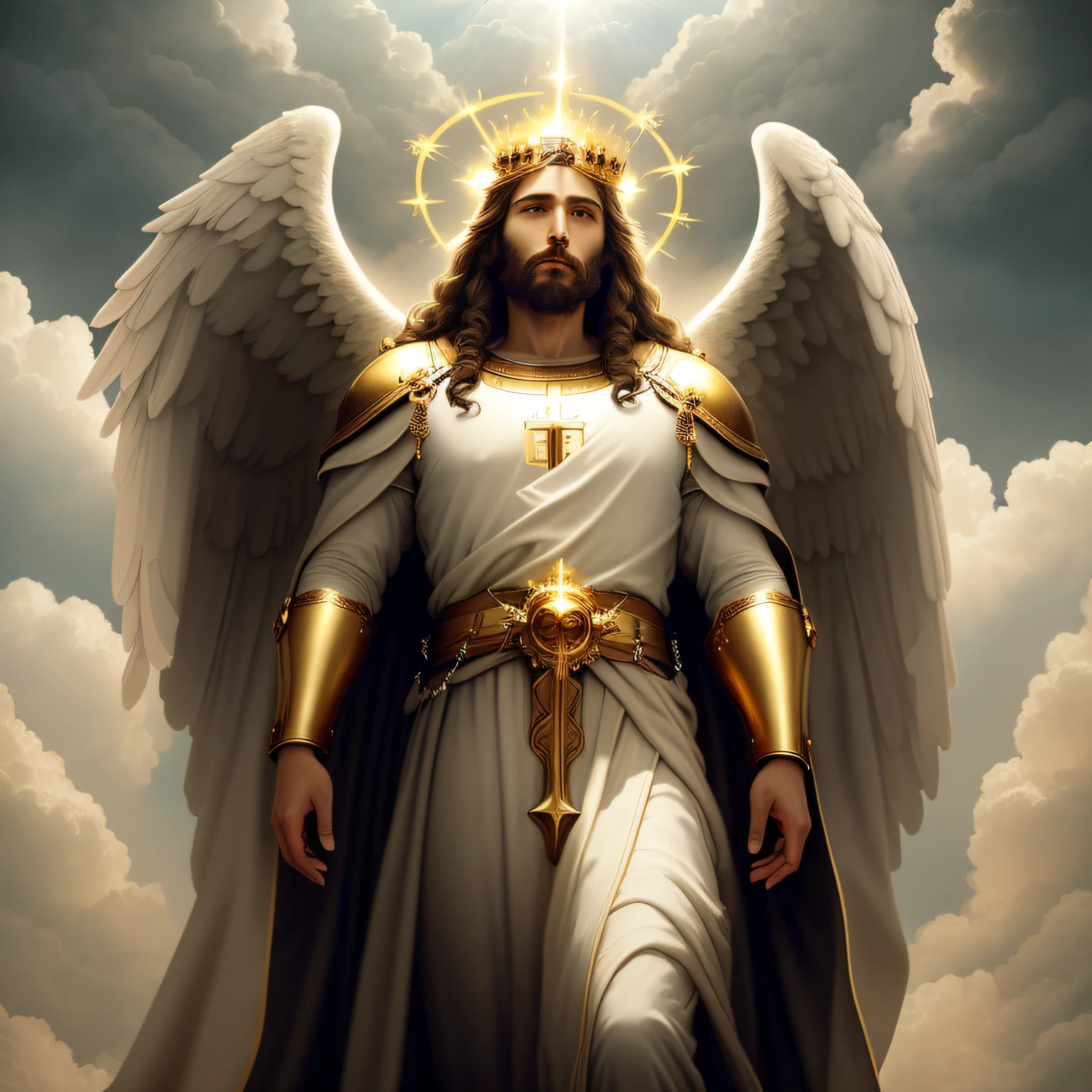"Amidst the voluminous clouds, Jesus, the majestic king, sits gracefully adorned with a golden crown. In a wide shot, He is accompanied by His army of angels as He prepares to return triumphantly to Earth, surrounded by the ethereal radiance of volumetric light."