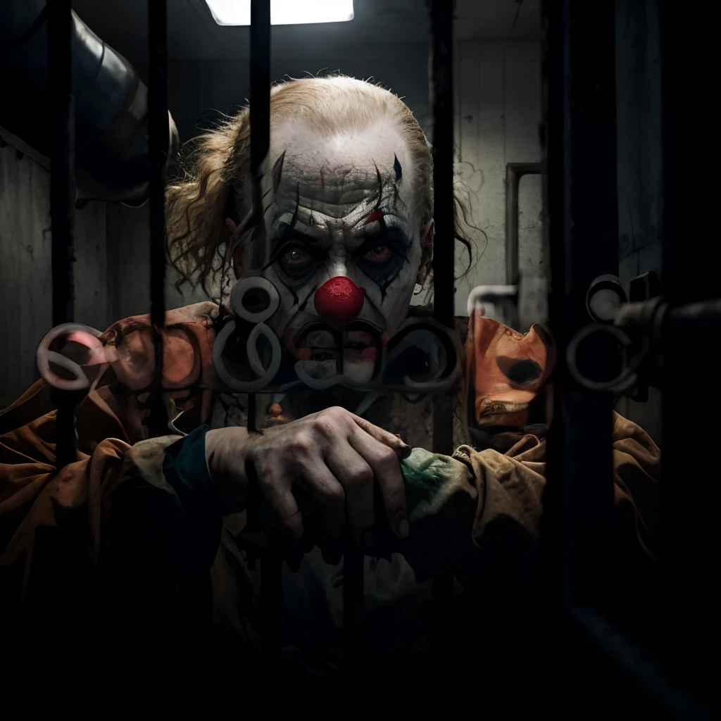 An eerie clown with disheveled hair and creepy makeup, trapped behind the cold iron bars of a jail cell, exuding a sense of fear and menace.