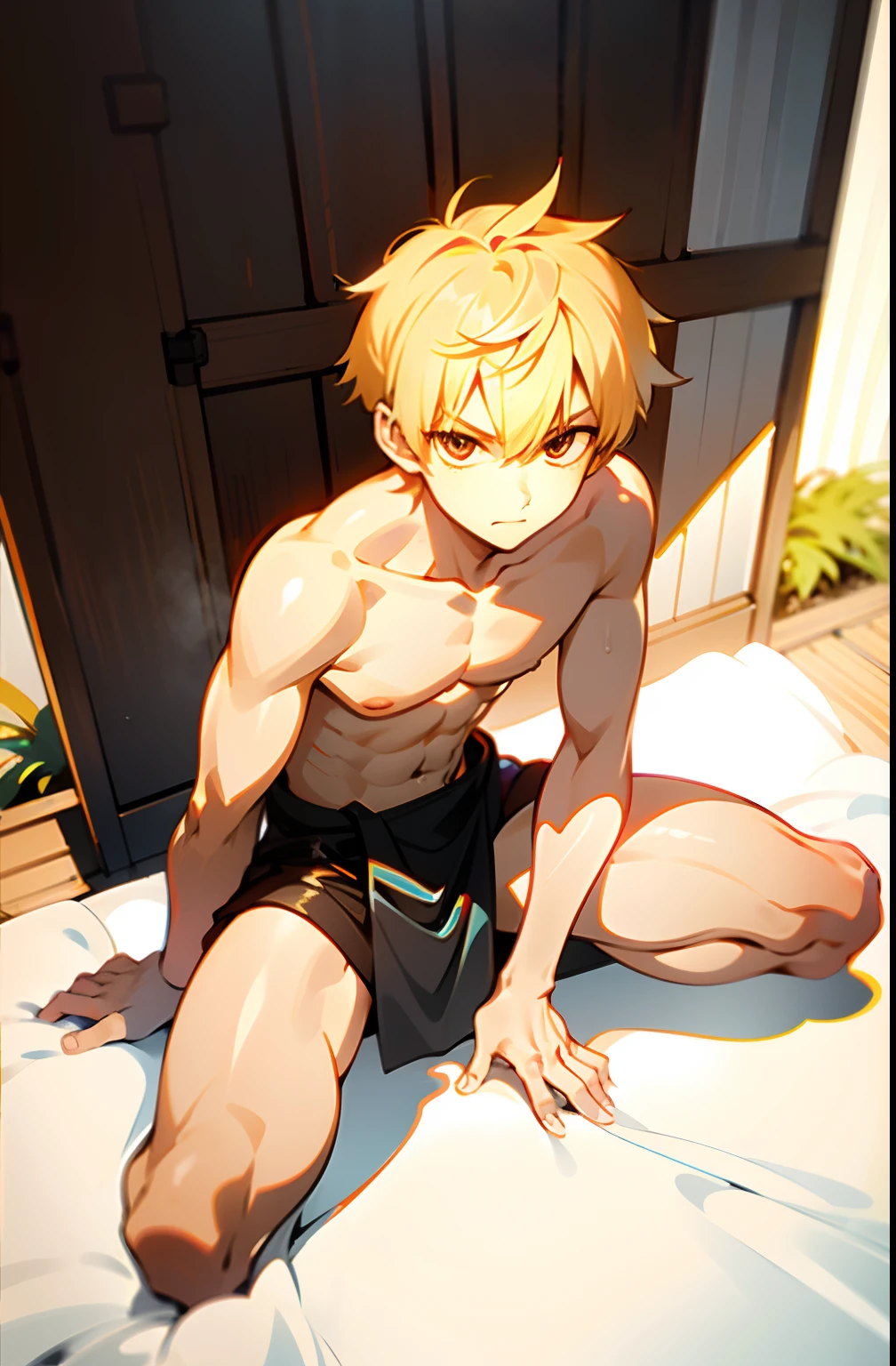 masterpiece, best quality, high quality,  1boy,, , duo, male focus, full body, looking at viewer, light yellow hair, brown eye,spiky hairstyle, short hair, steam smork, japan style,  anime coloring, shy, home muji style, detailed face, topless, white towel on waist,white silk, outdoor, sweat, open legs