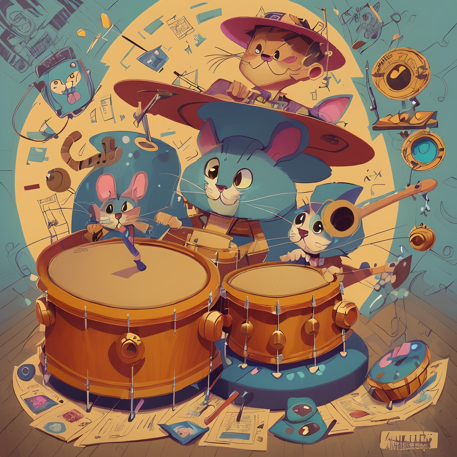 Picture of a cat, playing drums in a hat, drummer, jen bartel, Michael Suthin, Mouse with drum, by John La Gatta, Sam Hawadtoy, vibrant cartoon art, work of art ", artwork”, Drums, Jim Warren, Smokey, Bob Singer, angus mckie, Randy Gallegos, Jeremiah Ketner, Artwork