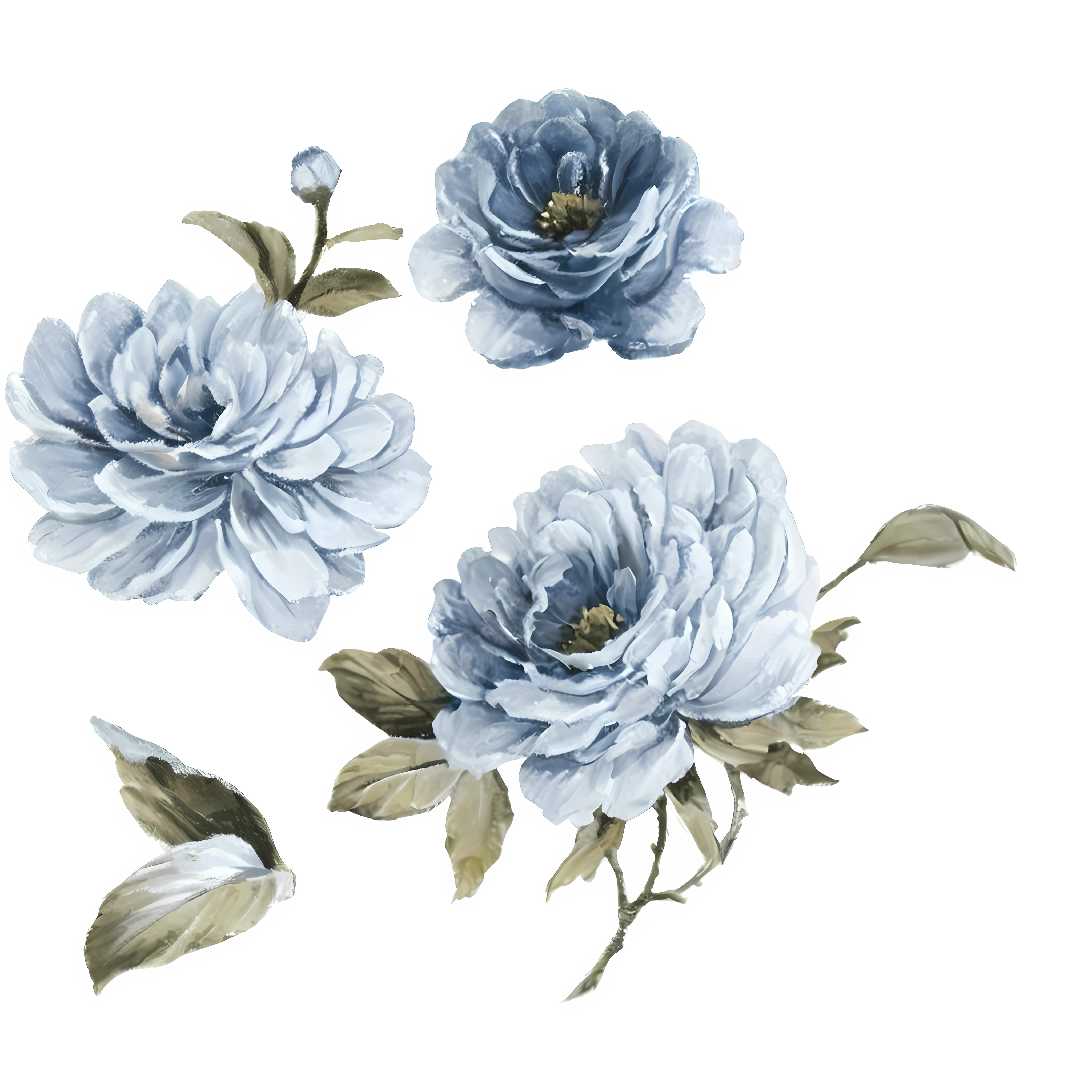 + peônya blue flowers, 16k, high resolution, white background, front view