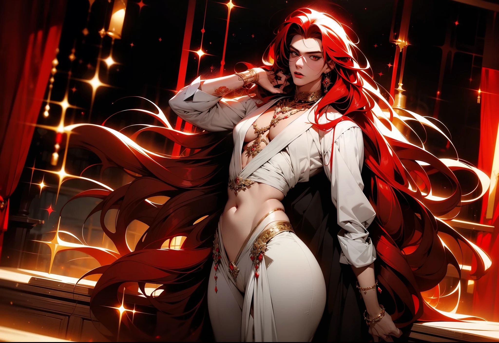 1guy, gorgeous dapper vampire male with perfect balance of masculine and feminine features, stunning long red hair, white and red tetradic colors, perfect anatomy, seductive eyes, 8k resolution, (Single person), masterpiece, perfect face:1.2), intricate details, night club detailed background, 32k, covered navel, full lips, curvy guy, cinematic lighting,