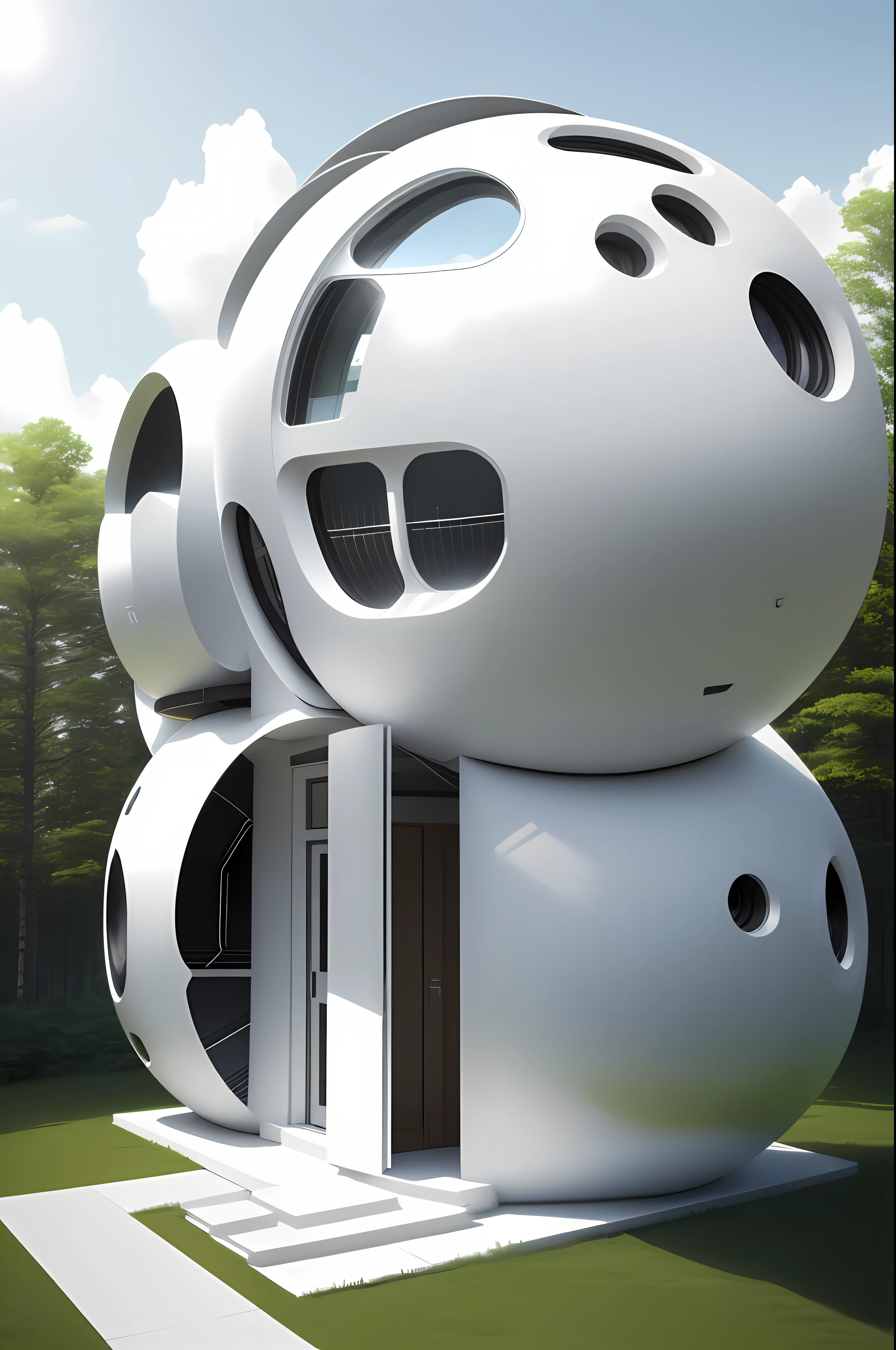 semi-spherical exterior home,  nwe innovation, modern architectural design, new scientific home, high solar energy technology,  white color and metallic, forest, daylight, sky, white cloud, realistic, photorealistic, futuristic, 8K, masterpiece, best quality, high resolution, extremely full detailed,