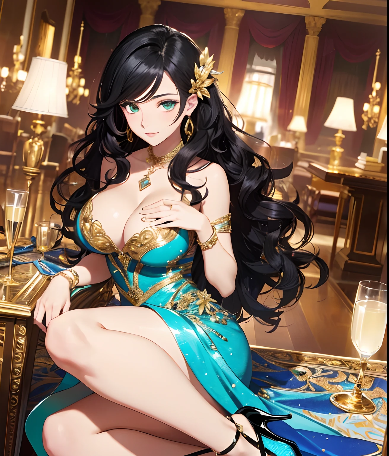 ((((A young woman))), the anime, ( Green eyes), (black hair), Nice face, ssmile, the perfect body, Wavy Hair, hairlong, (((morena))), big breastes, ((tmasterpiece, beste-Qualit)), illustartion, ультра детализированная 8k, Photorealistic, sharp-focus, higly detailed, Professional lighting, colorful details, Rainbow colors, Glowing, intricate detials, Vivid details, Business Evening, party, a glass of champagne, Business Reception, evening gown, business dress, Patent leather ball shoes, Patent leather ball shoes, Ornaments, earings, Rings, bangles, Heart-shaped pendant around the neck, A glass of champagne in hand, First Lady, First Lady Costume, Female politician