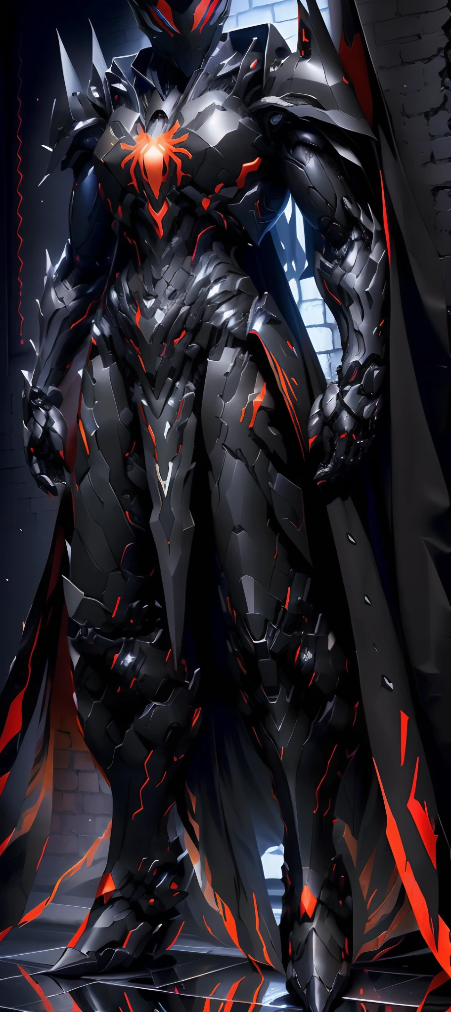 Spider man knight in armor standing in a dark room, black fire color reflected armor, cyberpunk flame suit, spider knight black armor, cybernetic flame armor, black heavy armor, corrupted armor, cybernetic fire armor, full body x-force outfit, heavy black armor, spiked spider man knight, spider man