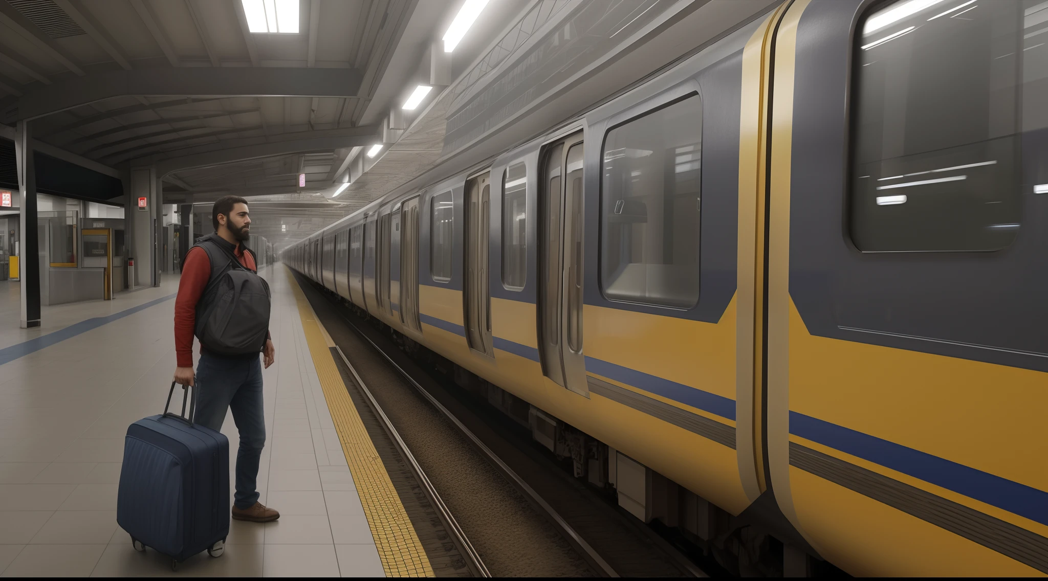desenho, Ultra realista, 8k, extremamente detalhado, na melhor qualidade, Illustrate a job seeker looking dejectedly at a departing train at the station, representando a perda de uma entrevista.