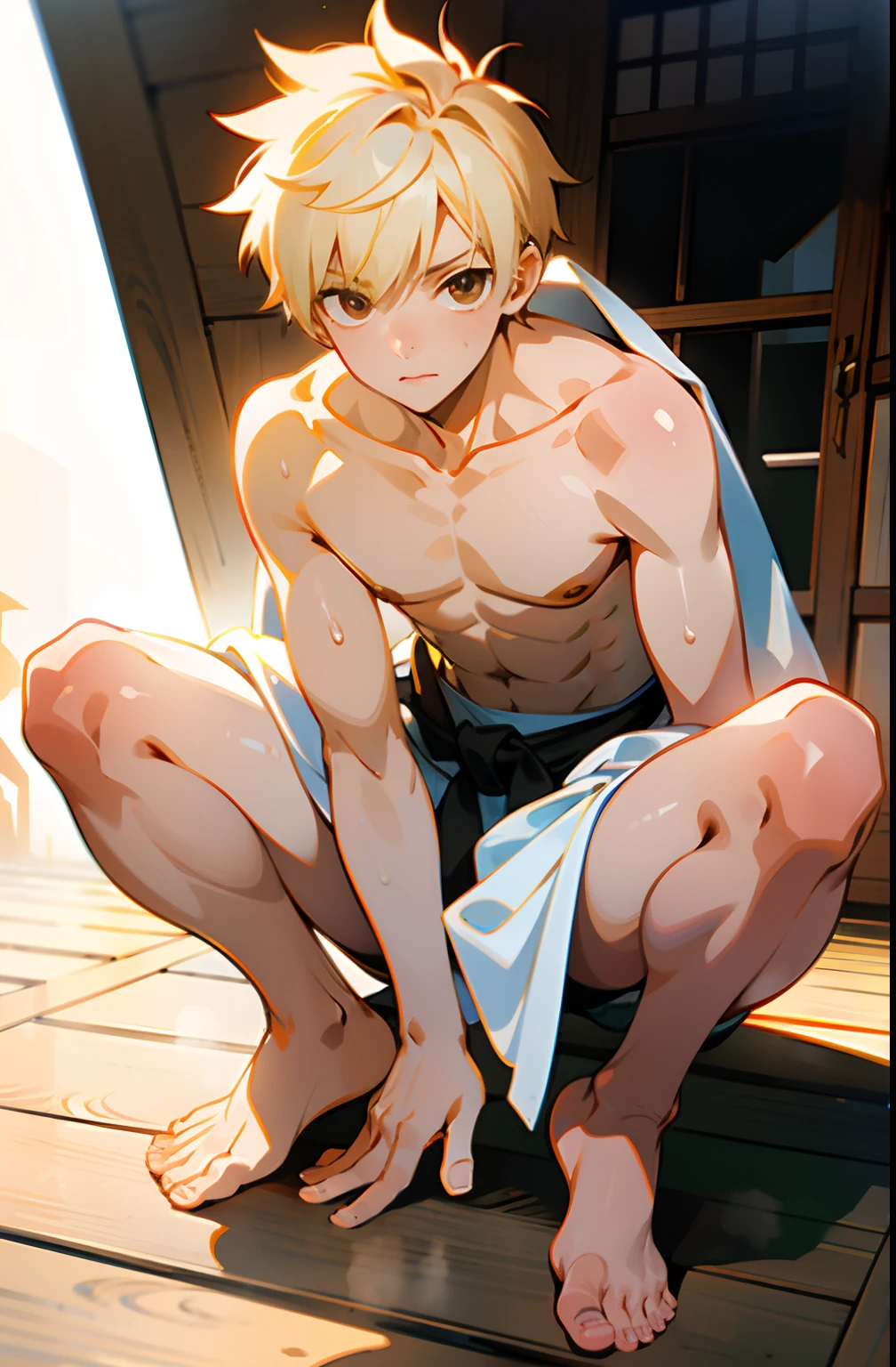 masterpiece, best quality, high quality,  1boy,****, , duo, male focus, full body, looking at viewer, light yellow hair, brown eye,spiky hairstyle, short hair, steam smork, japan style,  anime coloring, shy, home muji style, detailed face, topless, white towel on waist,white silk, outdoor, sweat, open legs