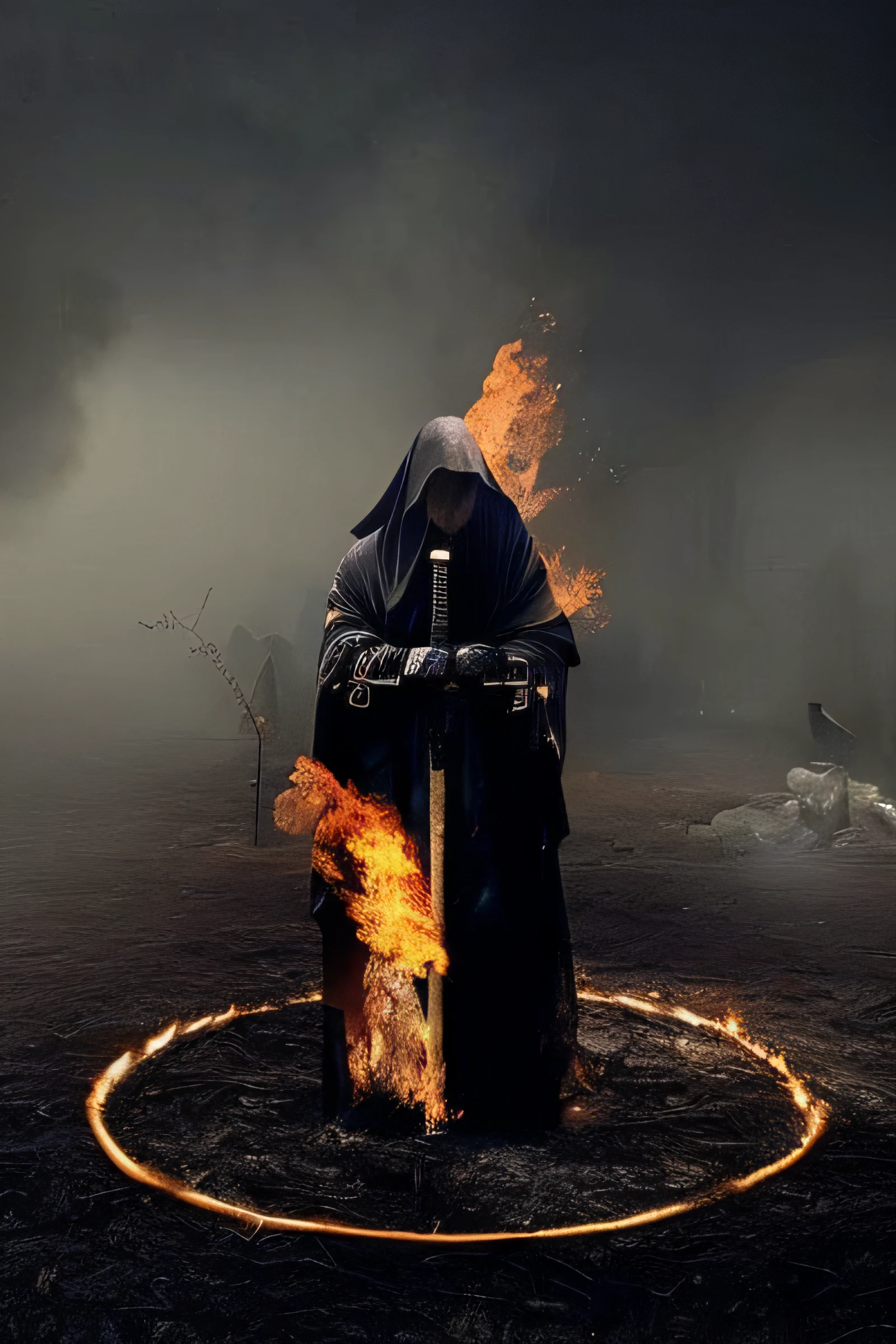 a person in a black robe holding a sword in a circle of fire, Ceifador Sombrio Flamejante, lembrou-me do Ceifador Sombrio, Ceifador da Noite!!!!, Monges!!!!!!!!! fire, O Ceifador Sombrio, Morte, holy flame spell, Deus masculino bonito da morte, Deus da morte, morte maligna, the harbringer of death, Mito grego do ritual escuro, fire behind him