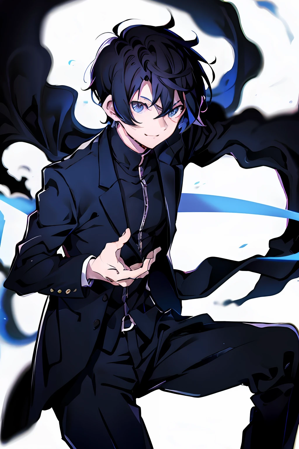 An anime guy with short black hair, blue eyes, wear a black suit.