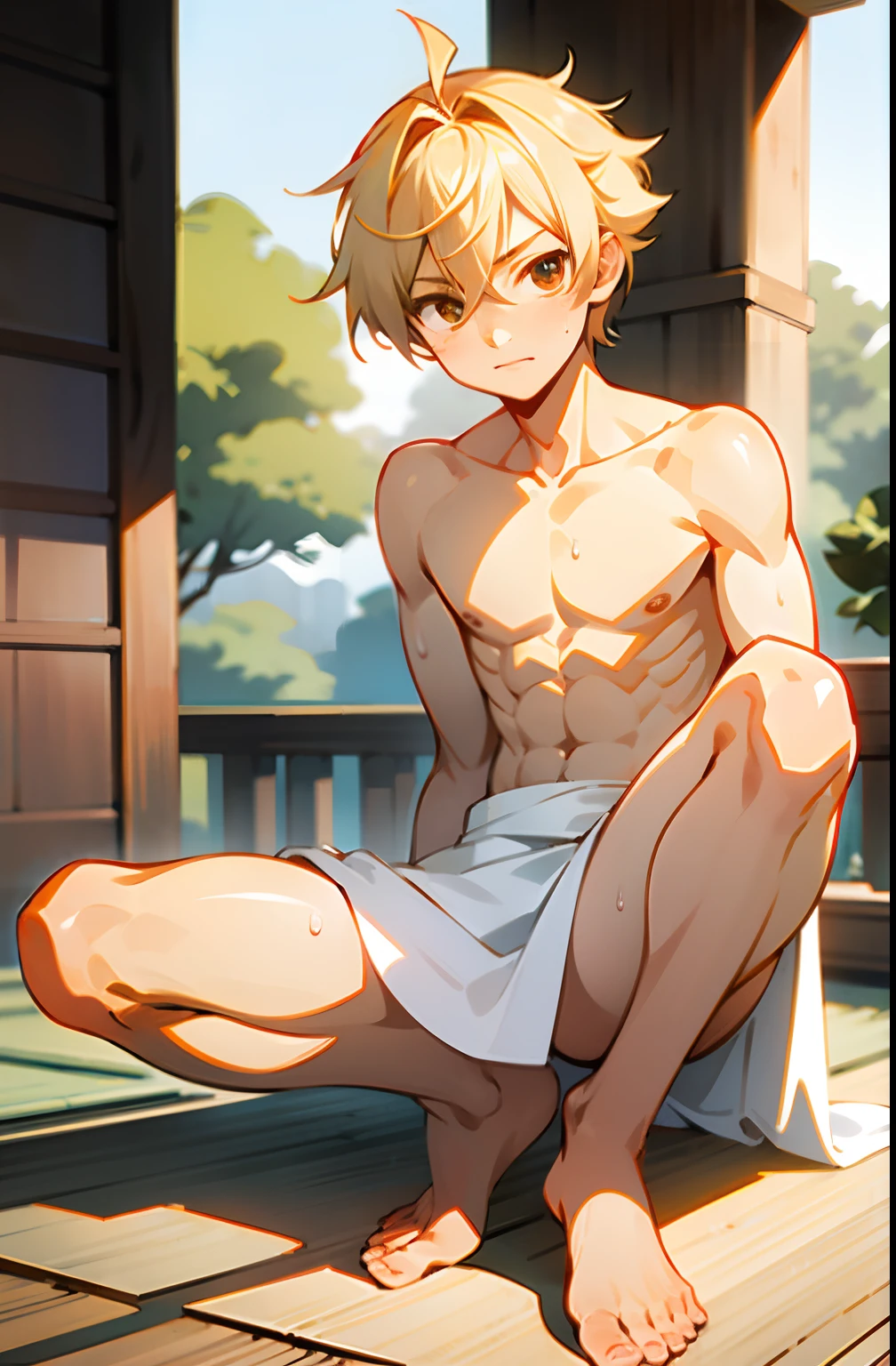 masterpiece, best quality, high quality,  1boy,, , duo, male focus, full body, looking at viewer, light yellow hair, brown eye,spiky hairstyle, short hair, steam smork, japan style,  anime coloring, shy, home muji style, detailed face, topless, white towel on waist,white silk, outdoor, sweat, open legs