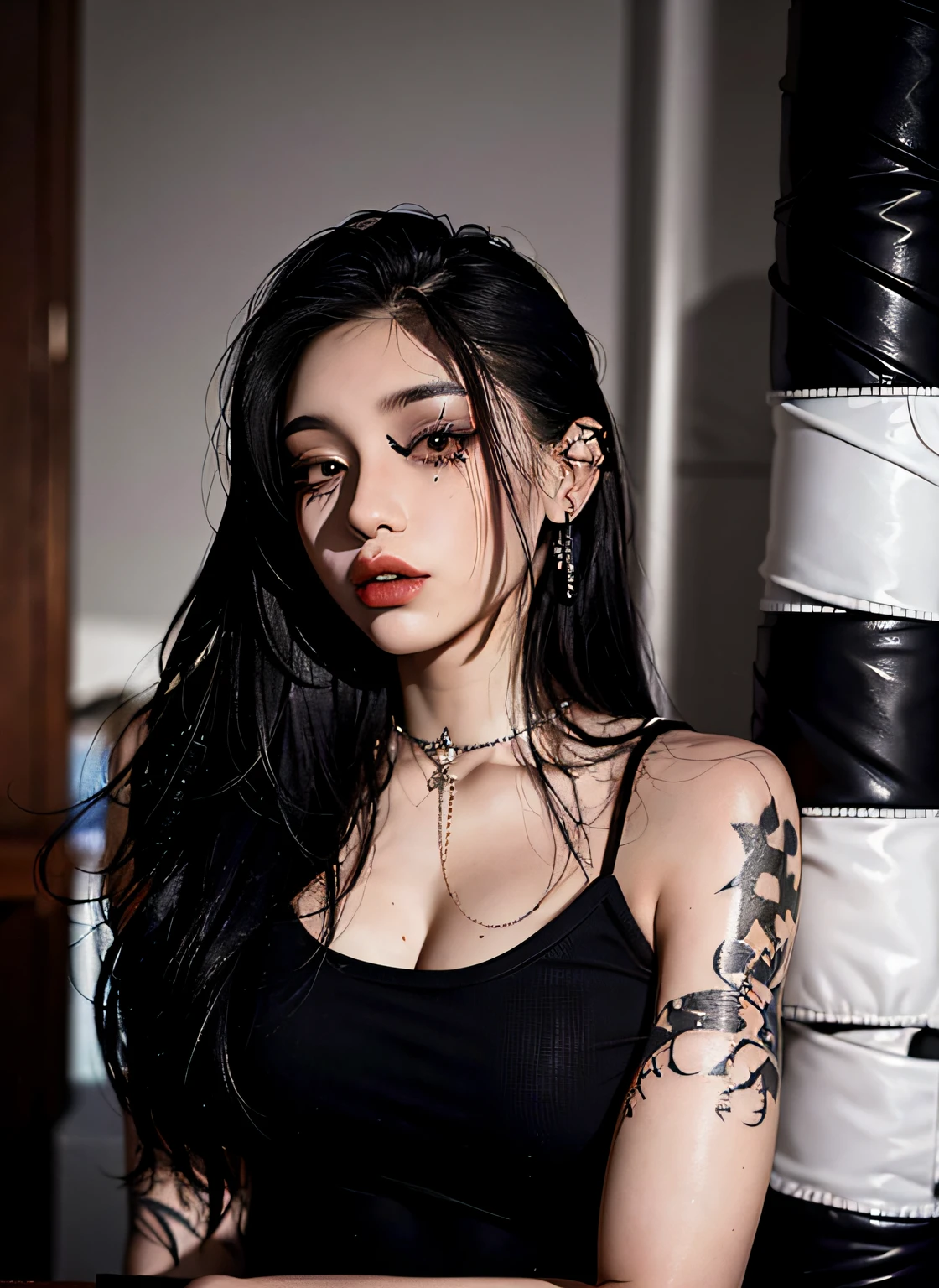 Detailed image quality，Witch Pandora，wing, Succubus Theme，堕落Angel，Excellent，scary，Secret Terror，Tentacles，With eyes，Uncanny Valley Effect，Beast Blood Moon，skeleton，vampire，Hellfire，Dark Queen，Angel，magician magic witch，16岁Angel，Eyes are blue(Pupils as deep as the starry sky)，Gorgeous tattoo designs all over the body，Surreal photos(8K picture quality，Rich in details)，Dark eyeshadow，Sexy thick lips(Red lipstick)，Tattoo designs on body，Dark Queen，Wear luxurious gold jewelry，Sparkling diamond gemstone，Arms straight
