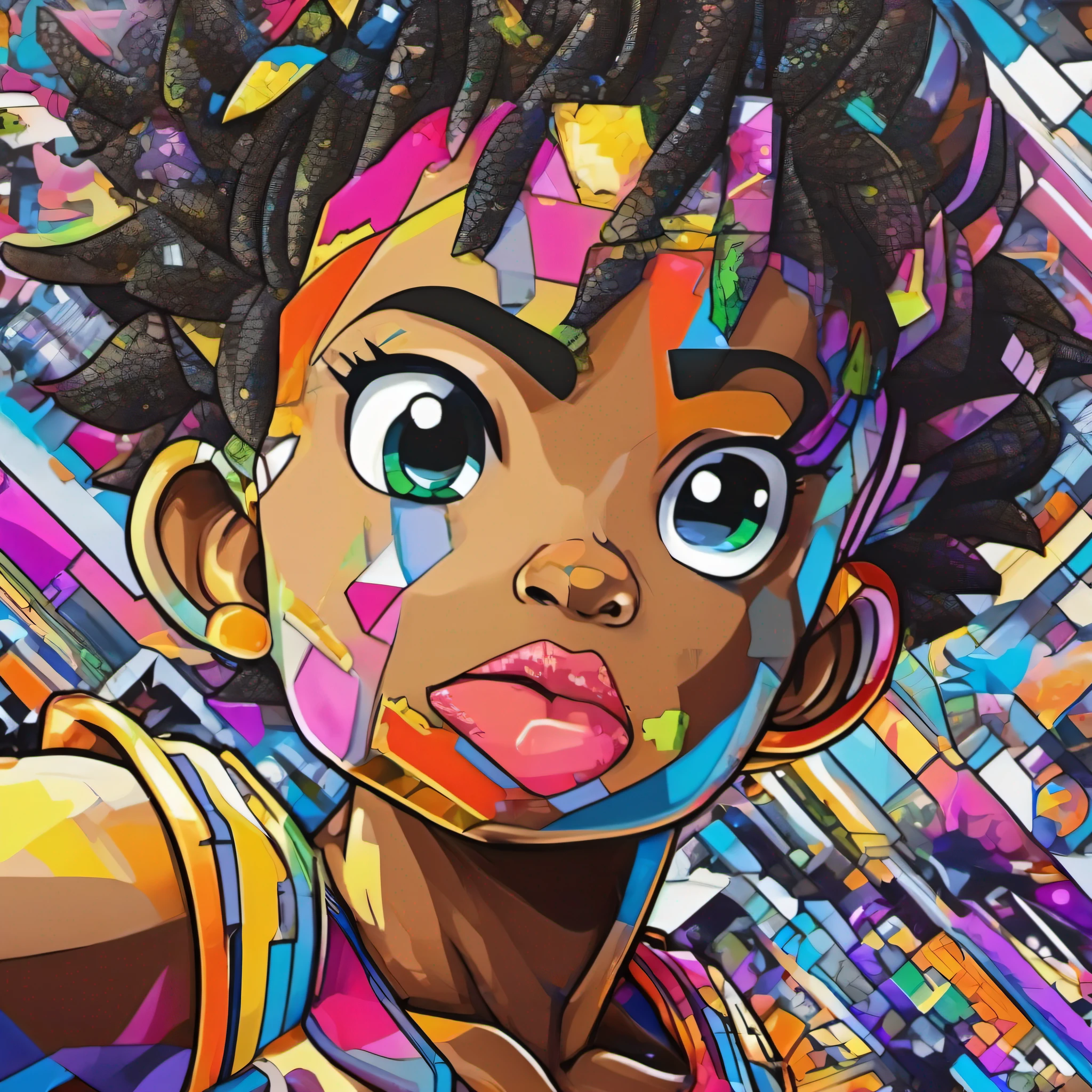 Dragon Ball Z, reelmech, Eduardo Kobra ,Romero Brito,The Filling Twins ,geometric wall ,keflass,vibrant colors and dynamic lines, art, Chibi,Yang08k, beautiful, Coloring ,(dark white aura:1.2,Primary works, superior quality) ,(her distinctive appearance and personality shining through: 1.1) best quality,(a snapshot capturing the ethereal allure of the black woman 1.1)),Official Art, Beautiful and Aesthetic, 512k,keflass,Dragon Ball Z,multidimensional geometric wall ,PORTRAIT , vibrant colors and dynamic lines reminiscent of manga, artwork, Chibi, Yang08k, beautiful, Coloring, mixed colors, top quality, (pastel color background 1.1) (glow around character, 1.1)), Official art, Beautiful and Aesthetics, 512k, Juavatar.