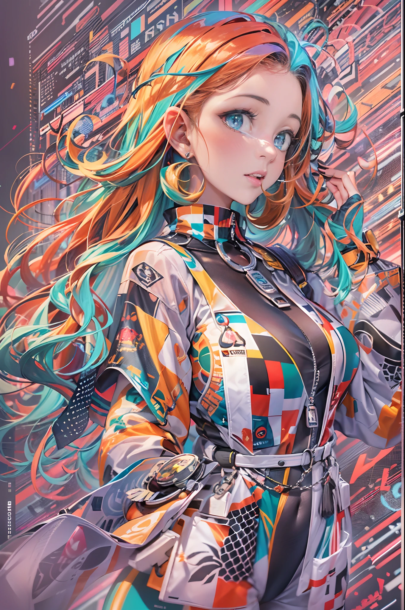 In a virtual world a lot of data is whizzing by in all directions, in the center of the image a very beautiful woman with a colorful hairstyle and a brightly colored jumpsuit looks at the world around her. (La mejor calidad)  obra maestra ((pechos muy grandes)) ((cabello rubio)) (cuerpo delgado)