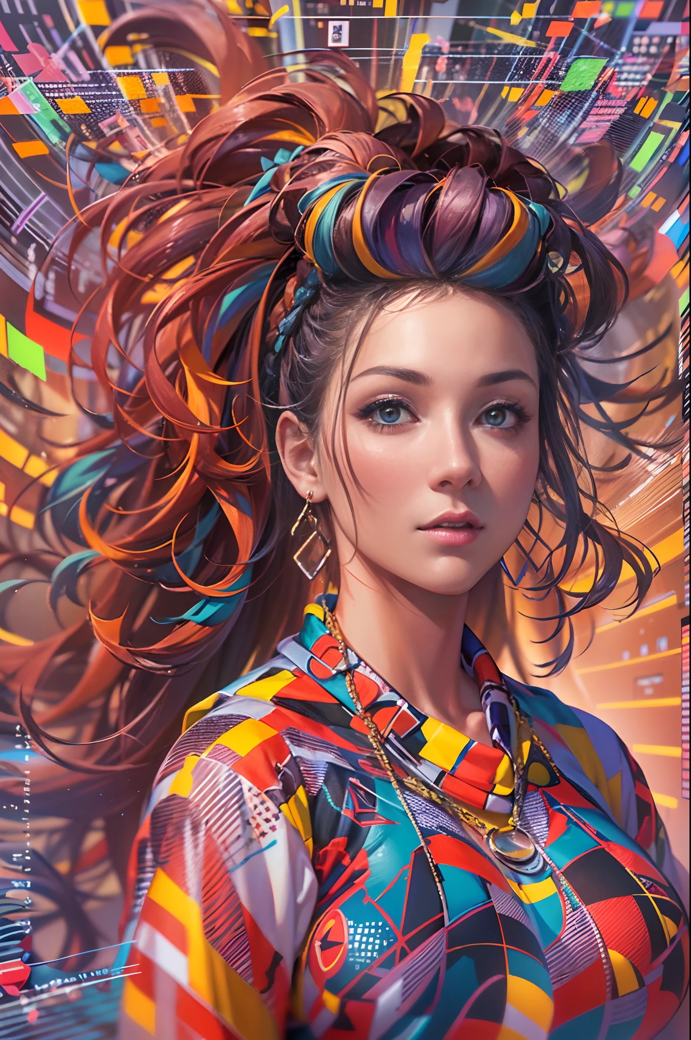 In a virtual world a lot of data is whizzing by in all directions, in the center of the image a very beautiful woman with a colorful hairstyle and a brightly colored jumpsuit looks at the world around her. (La mejor calidad) obra maestra ((pechos muy grandes)) ((cabello rubio)) (cuerpo delgado)
