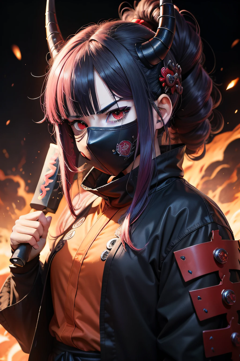 menina anime, furious demon, jogador, galaxy color, cabelos brancos, Wearing a Japanese demonic mask covering half of his face, with full samurai armor