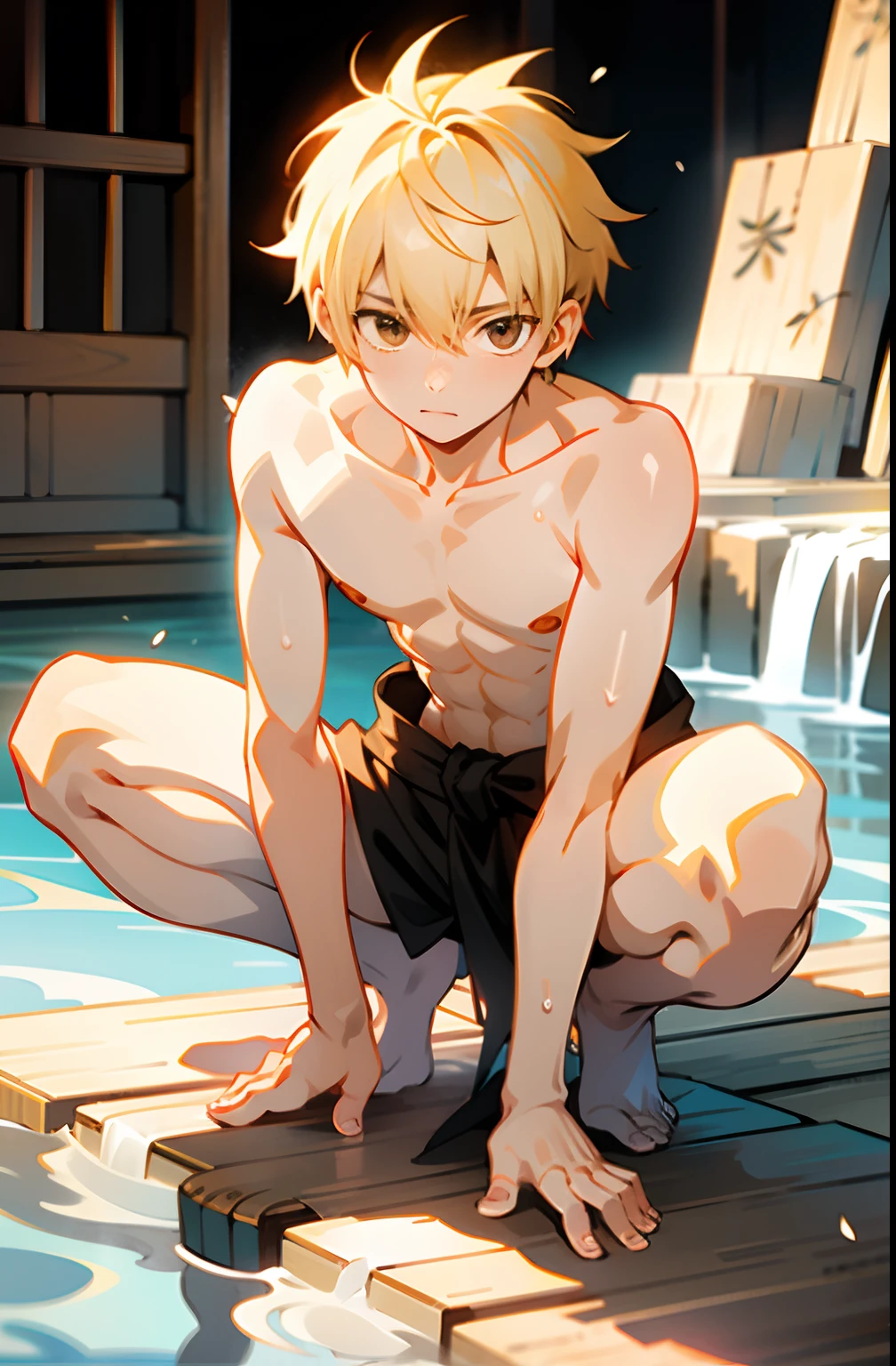 masterpiece, best quality, high quality,  1boy,****, , duo, male focus, full body, looking at viewer, light yellow hair, brown eye,spiky hairstyle, short hair, steam smork, japan style,  anime coloring, shy, home muji style, detailed face, topless, white towel on waist,white silk, outdoor, sweat, open legs