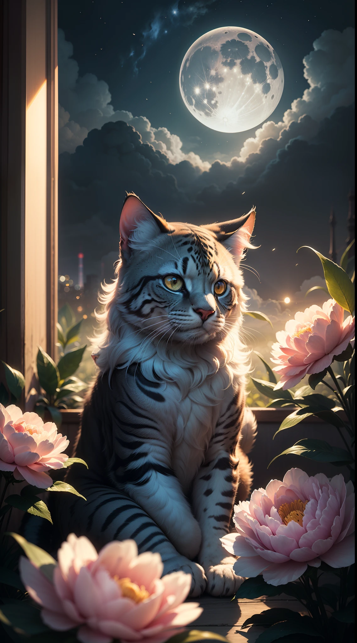 DreamShaper:3.2, photografic, BotanicalU.S., Beatrix Potter style, peony, Fluffy big cat, Neon clouds, soft light, bokeh , mist, macro, No addition of a person, No hand addition, moon