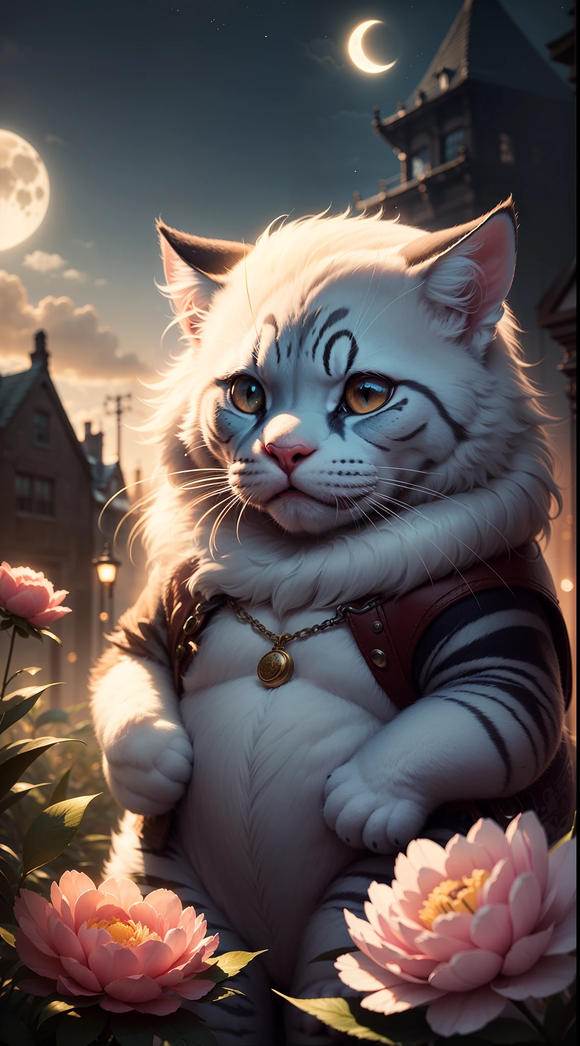 DreamShaper:3.2, photografic, BotanicalU.S., Beatrix Potter style, peony, Fluffy big cat, Neon clouds, soft light, bokeh , mist, macro, No addition of a person, No hand addition, moon