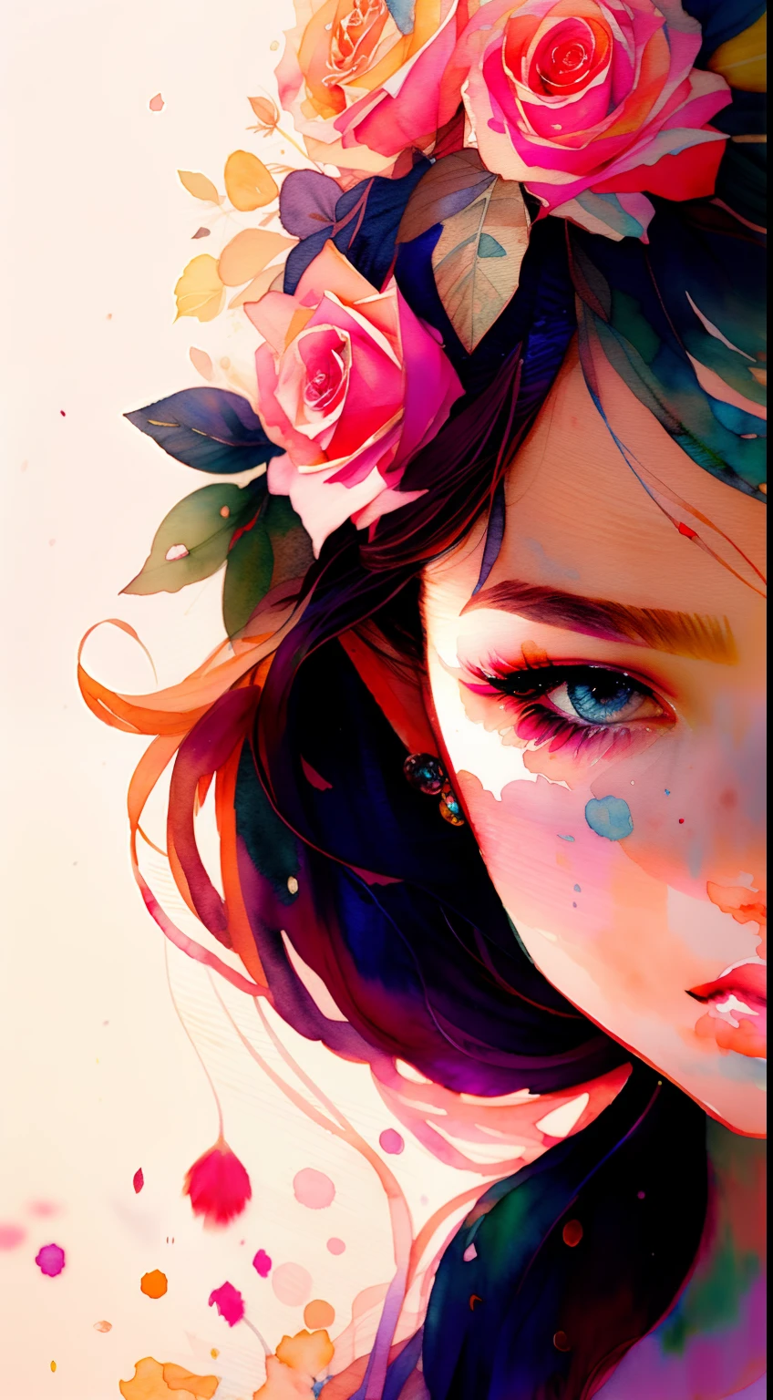 wtrcolor style, (rose) digital art, official art, blown by the wind, masterpiece, beautiful, ((watercolor)), paint splatter, intricate detail. Great detail, [dripping:0.7], Trending on Artstation, Rachel Walker