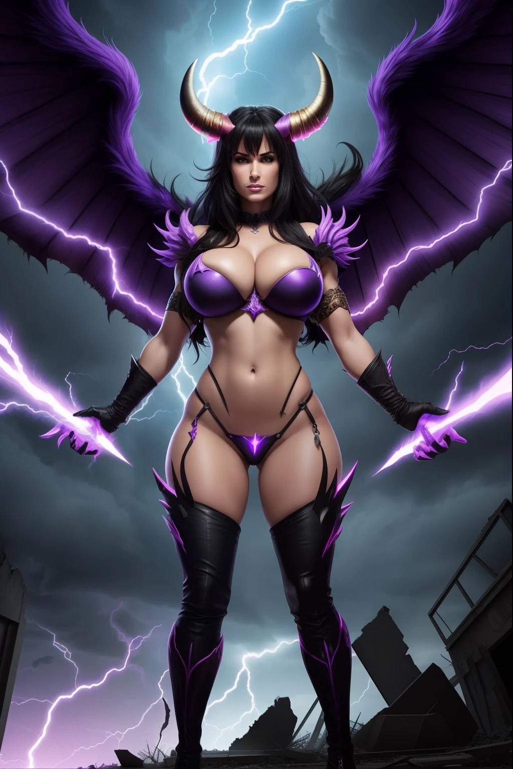 Lisa Ann as a hyper-giant, Hyper-powerful demon with a demon horn on its head and demon wings, and throws purple lightning bolts at a building, ville en ruine post apocalyptique,