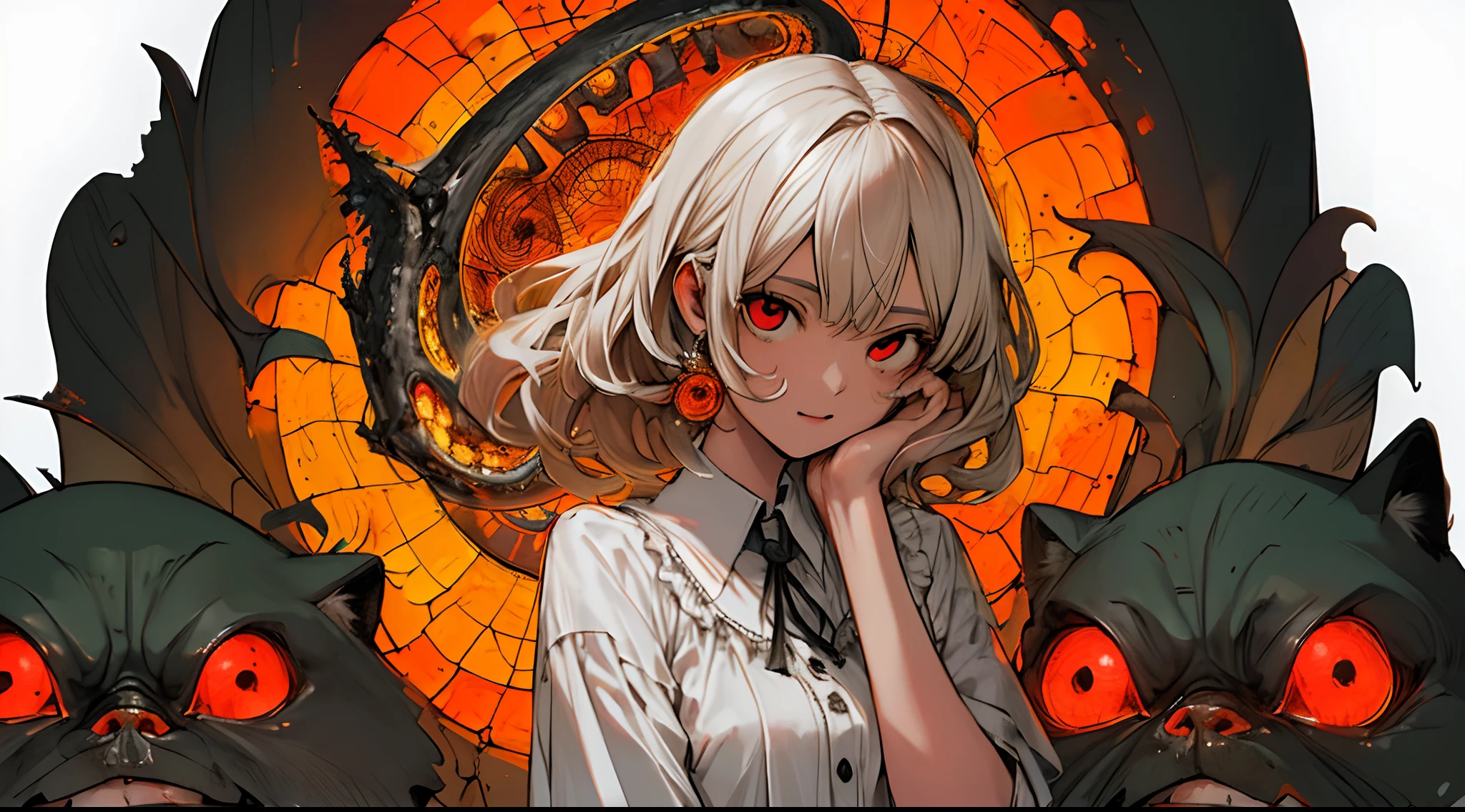 NSFW,obra maestra, mejor calidad, ultra detallado, absurdos, colorido, 1girl, solo, (solid red eyes: 1.0), (cabello blanco, cabello largo, cabello liso, cabello sobre un ojo: 1.0), ojos detallados, ojos muy abiertos, lashes, (parte superior del cuerpo: 0.8), chica monstruo, vista lateral, ojos brillantes, cabeza inclinada, noche, traje negro, orejas puntiagudas, horror, oscuro, fondo negro, mirando al espectador, corona, alto contraste, Contre-Jour, (de pie: 0.8), aura, fondo fractal, caothic, espiral, cuernos de demonio, energy, mosaico, infierno