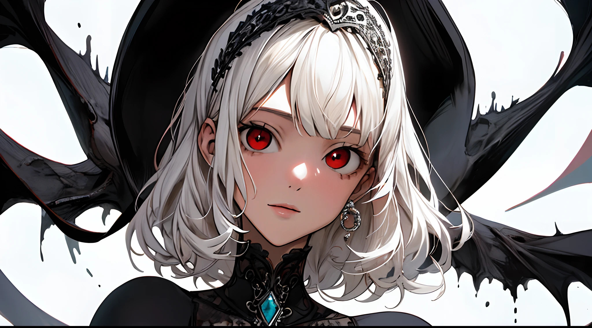 NSFW,obra maestra, mejor calidad, ultra detallado, absurdos, colorido, 1girl, solo, (solid red eyes: 1.0), (cabello blanco, cabello largo, cabello liso, cabello sobre un ojo: 1.0), ojos detallados, ojos muy abiertos, lashes, (parte superior del cuerpo: 0.8), chica monstruo, vista lateral, ojos brillantes, cabeza inclinada, noche, traje negro, orejas puntiagudas, horror, oscuro, fondo negro, mirando al espectador, corona, alto contraste, Contre-Jour, (de pie: 0.8), aura, fondo fractal, caothic, espiral, cuernos de demonio, energy, mosaico, infierno