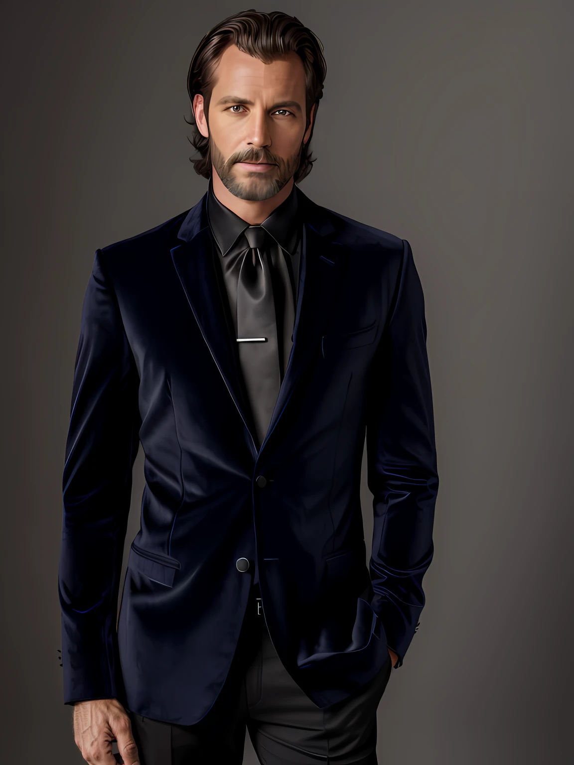 Portrait photo of a handsom man, 40 ans,cheveux courts bruns, Costume de velours noir, chemise noire, (sans barbe et sans cravate) , Dark blue backgroud