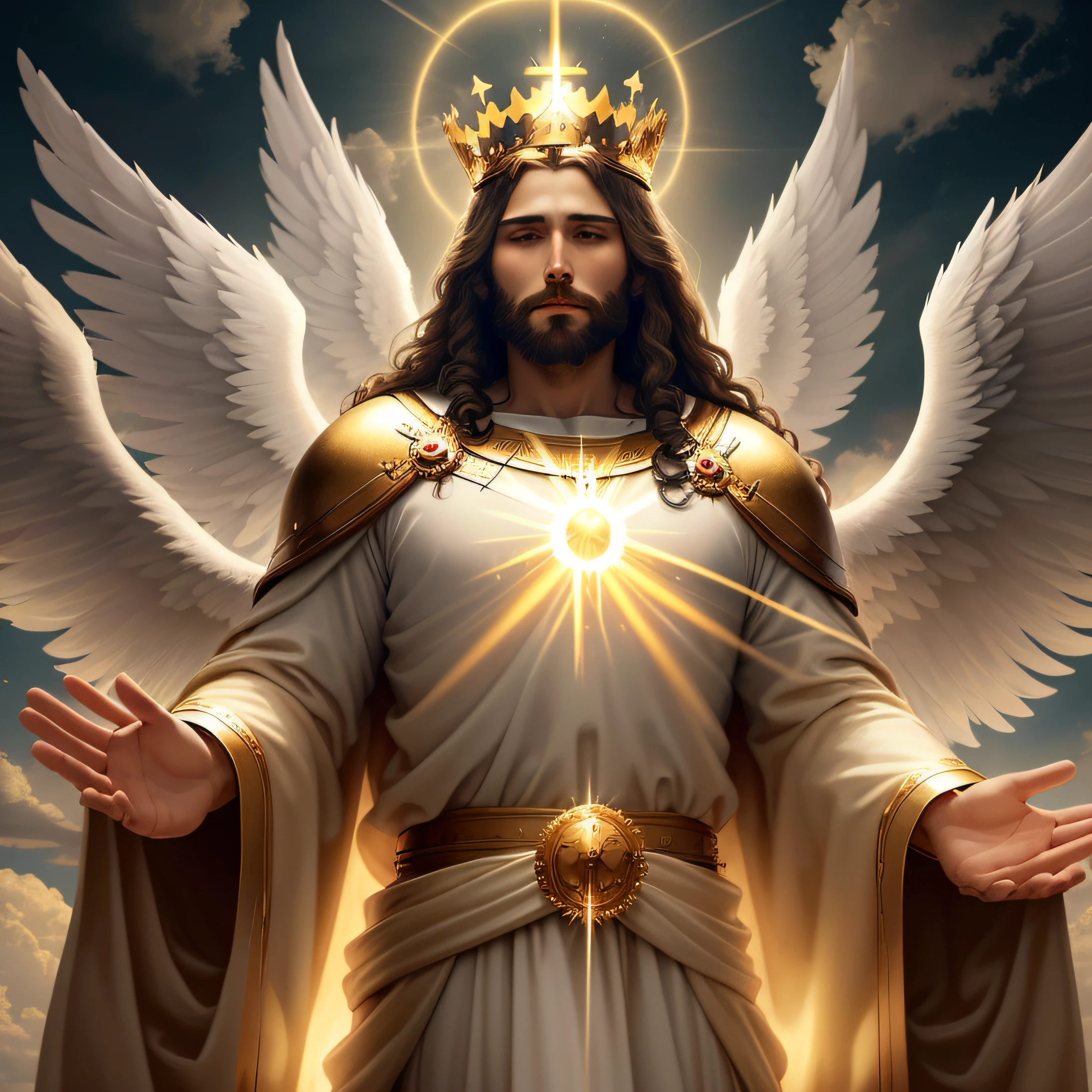 "Amidst the voluminous clouds, Jesus, the majestic king, sits gracefully adorned with a golden crown. In a wide shot, He is accompanied by His army of angels as He prepares to return triumphantly to Earth, surrounded by the ethereal radiance of volumetric light."