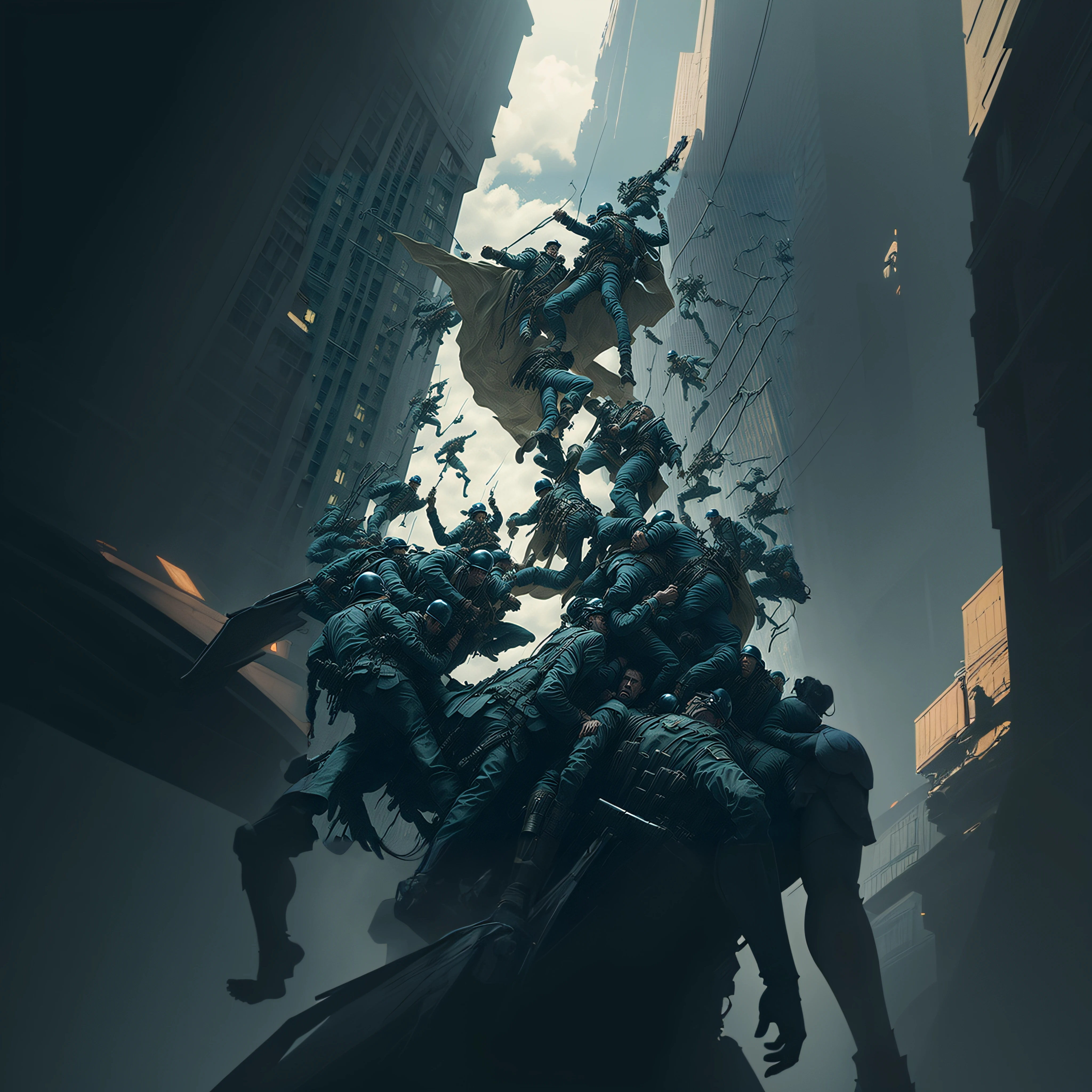 Los soldados vuelan en el aire cerca de una estatua de un hombre, Wojtek FUS, por Jeremy Geddes, Kinematic. por leng jun, Beeple y James Jean, inspirado por Jeremy Geddes, Greg Rutkowski. Kinematic, por Artur Tarnowski, Beeple y Jean Giraud, Ross Tran 8 K, por Yanjun Cheng