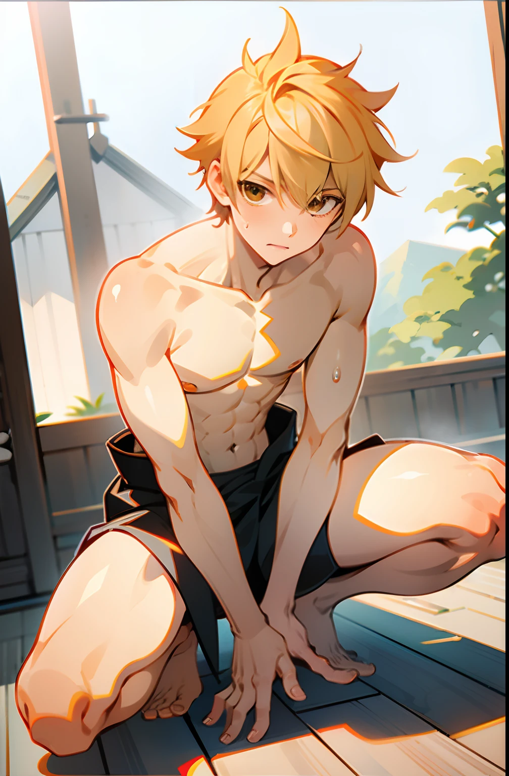 masterpiece, best quality, high quality,  1boy,, , duo, male focus, full body, looking at viewer, light yellow hair, brown eye,spiky hairstyle, short hair, steam smork, japan style,  anime coloring, shy, home muji style, detailed face, topless, white towel on waist,white silk, outdoor, sweat, open legs