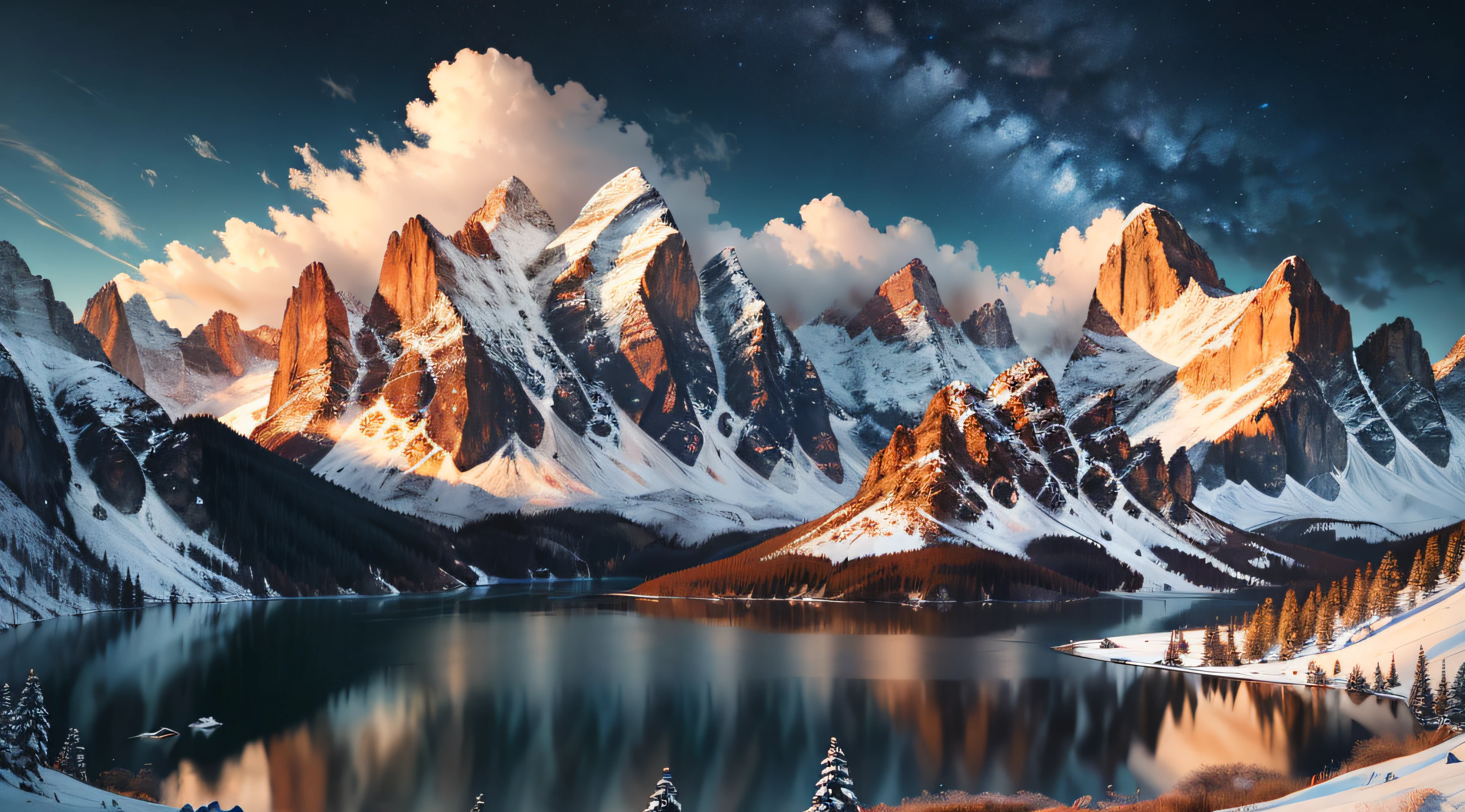 There is a painting of a mountain scene with a lake, beautiful oil matte painting, Arte bonita UHD 4K, beautiful render of a landscape, epic beautiful landscape, paisagem hiper-realista, Arte digital altamente detalhada em 4k, scenery art detailed, pintura digital altamente detalhada, pintura digital bonita, amazing landscape, O melhor no Adobe Stock, Pintura de paisagem virtual 3D, pintura fosca bonita