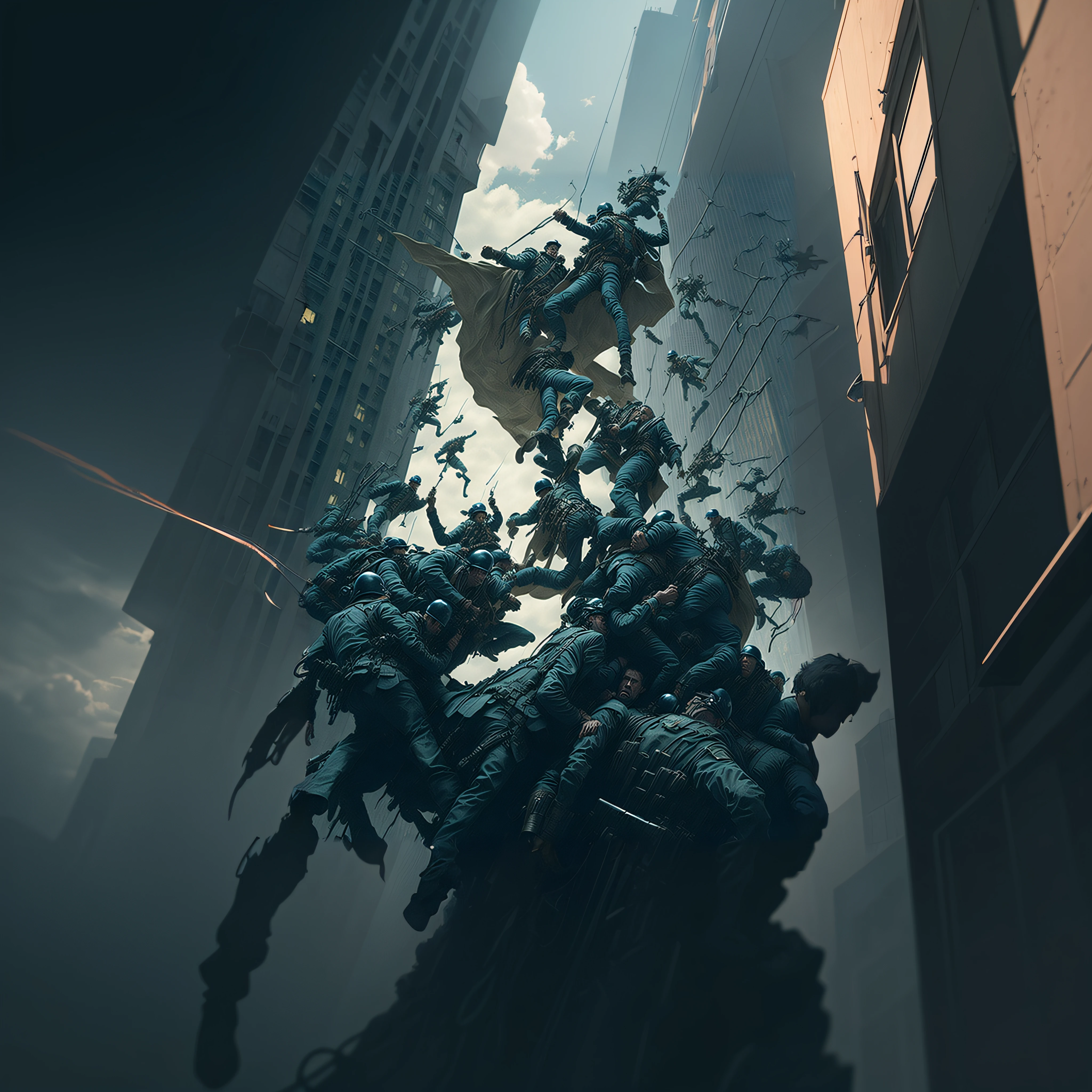 Los soldados vuelan en el aire cerca de una estatua de un hombre, Wojtek FUS, por Jeremy Geddes, Kinematic. por leng jun, Beeple y James Jean, inspirado por Jeremy Geddes, Greg Rutkowski. Kinematic, por Artur Tarnowski, Beeple y Jean Giraud, Ross Tran 8 K, por Yanjun Cheng