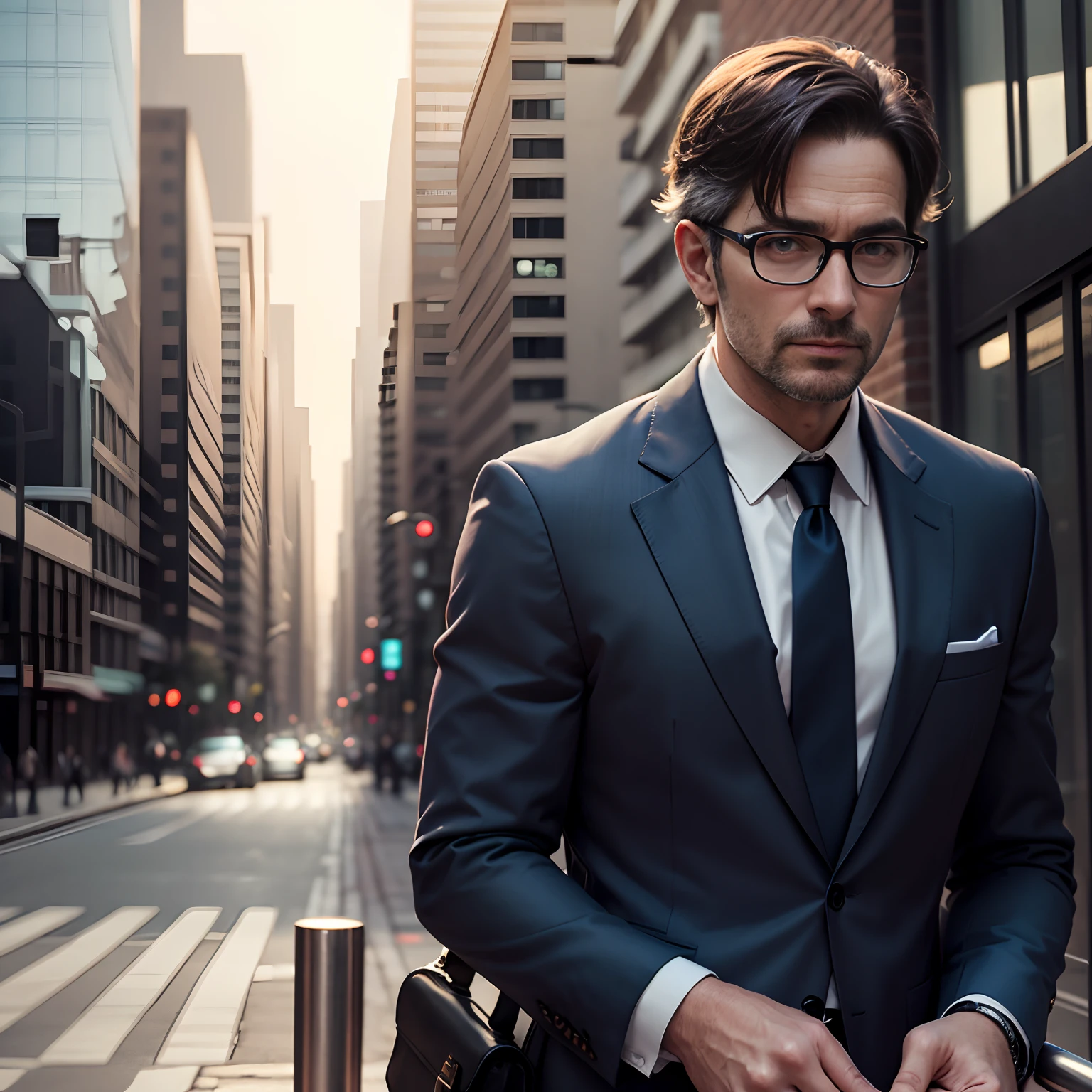 Image of a rich man in his 40s, wearing glasses, in a suit, city background
