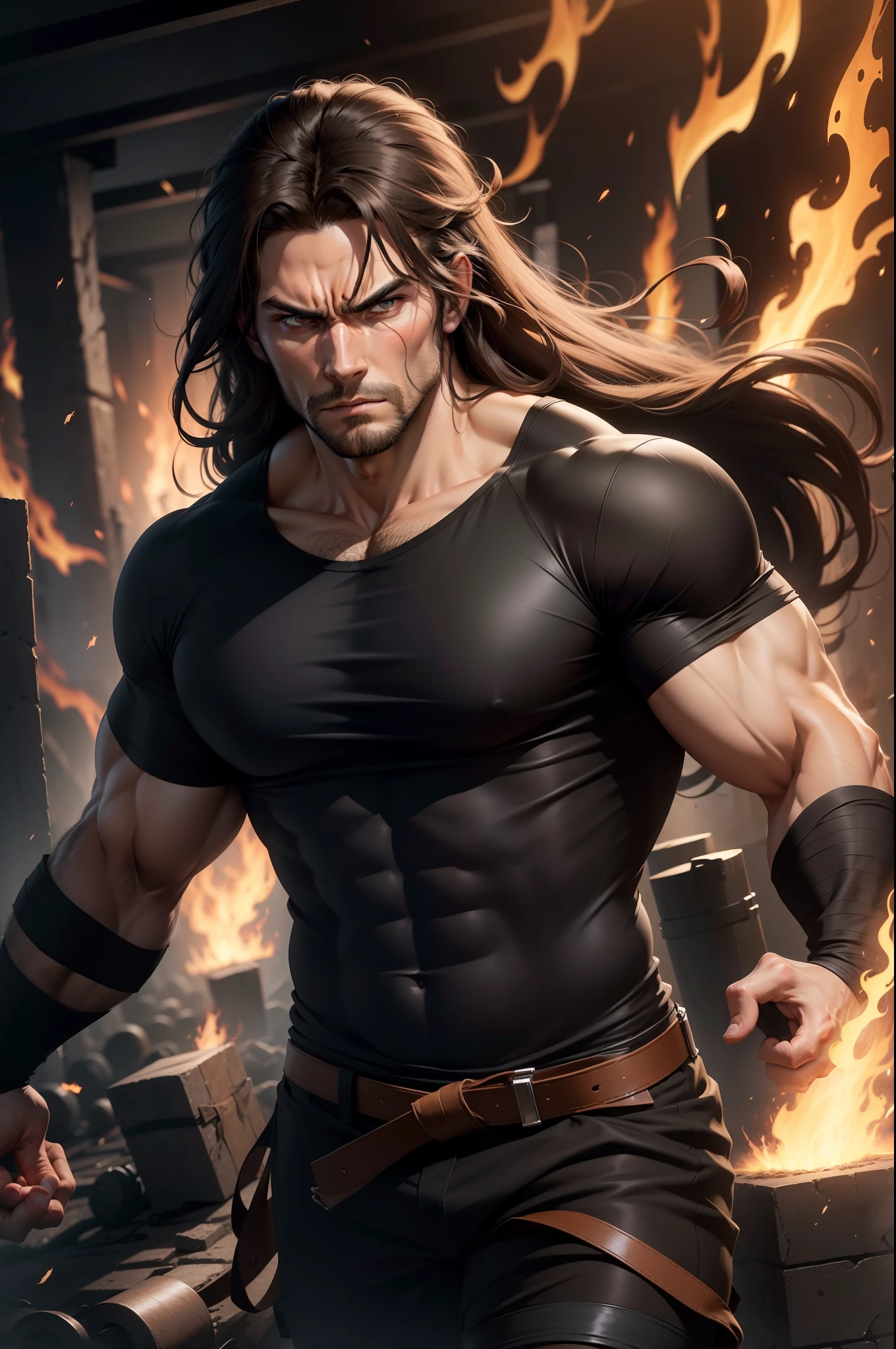 Realistic 8K image of a handsome, strong man, 25 years old, long brown hair, brown eyes, angry expression, dressed in a simple black casual shirt, bandages wrapped around his arms, charging forward invoking flames, large underground dungeon , art in anime style