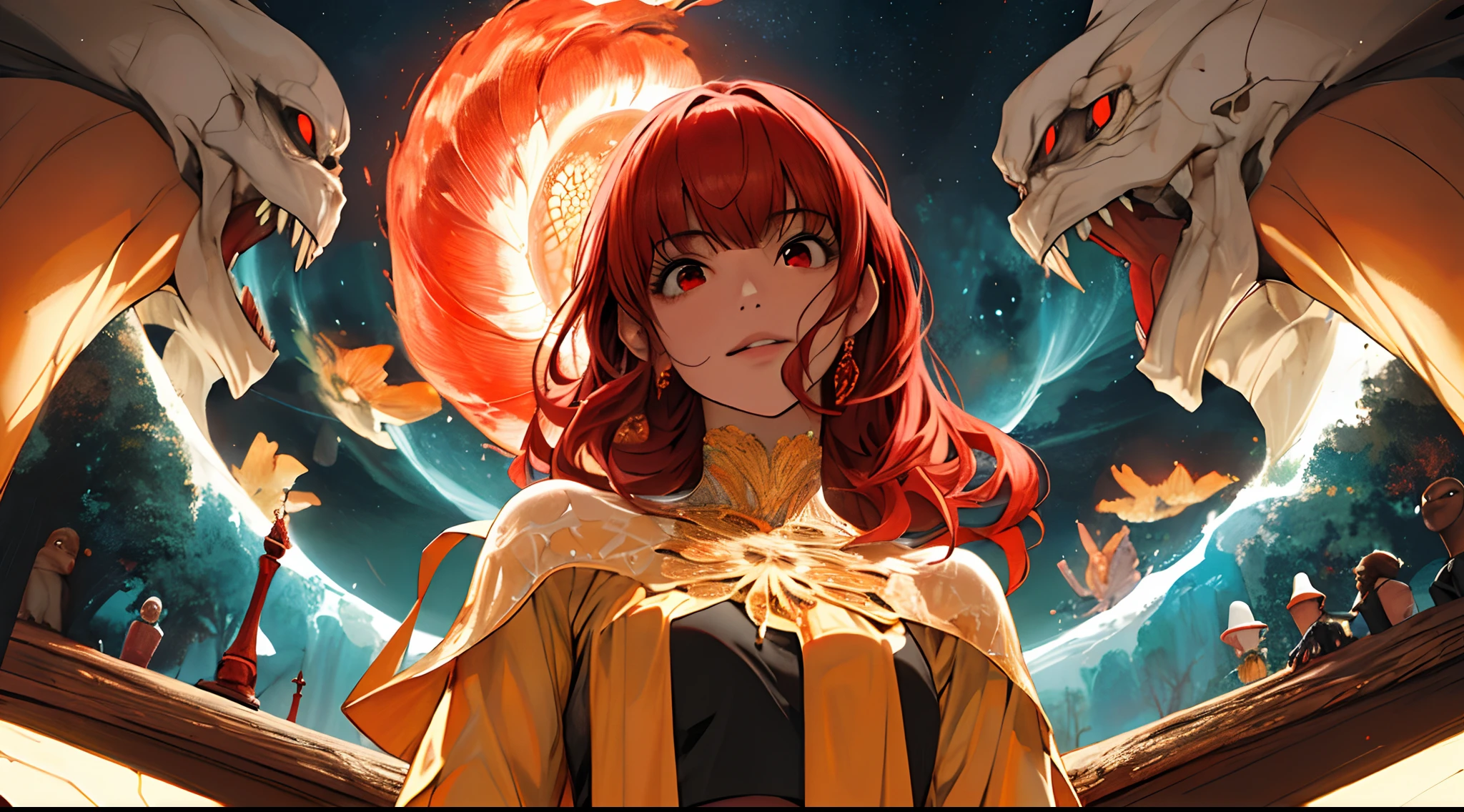 Anime girl with red hair and dragon wings in front of a background ...