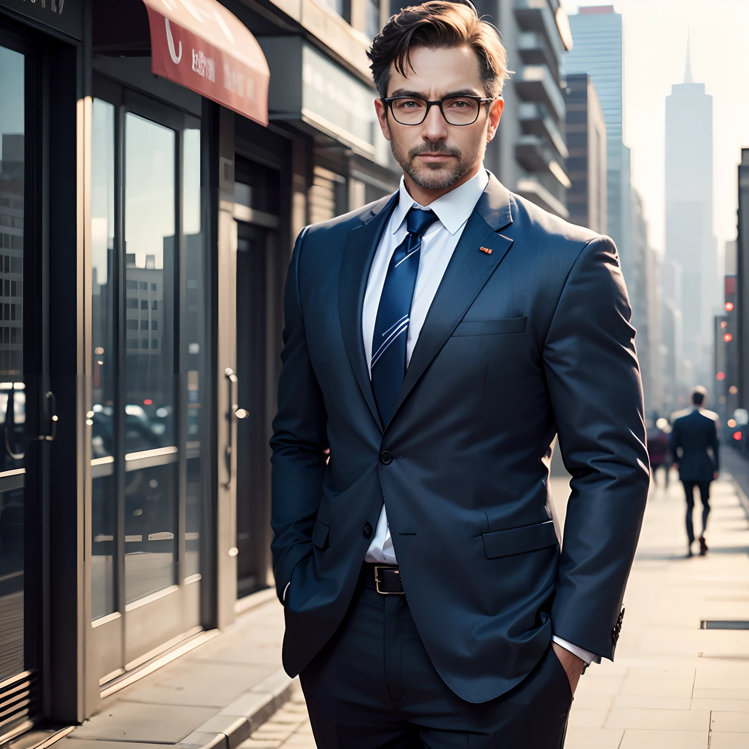 Image of a rich man in his 40s, wearing glasses, in a suit, city background