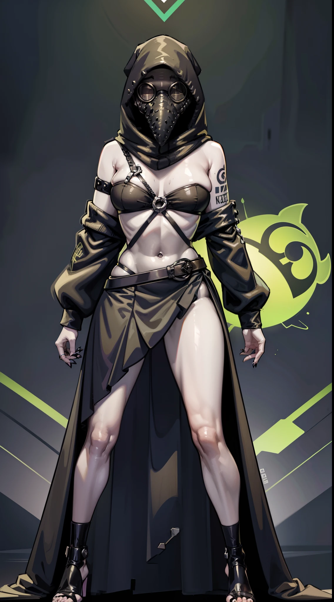 alta resolução, obra-prima, melhor qualidade, 1girl, plague doctor, lizardman, tattoo, roupa futurista, skirt, estilo cyberpunk neon, ao fundo cidade cyberpunk a noite, pele finamente detalhada, seios enormes, pernas muito musculosas