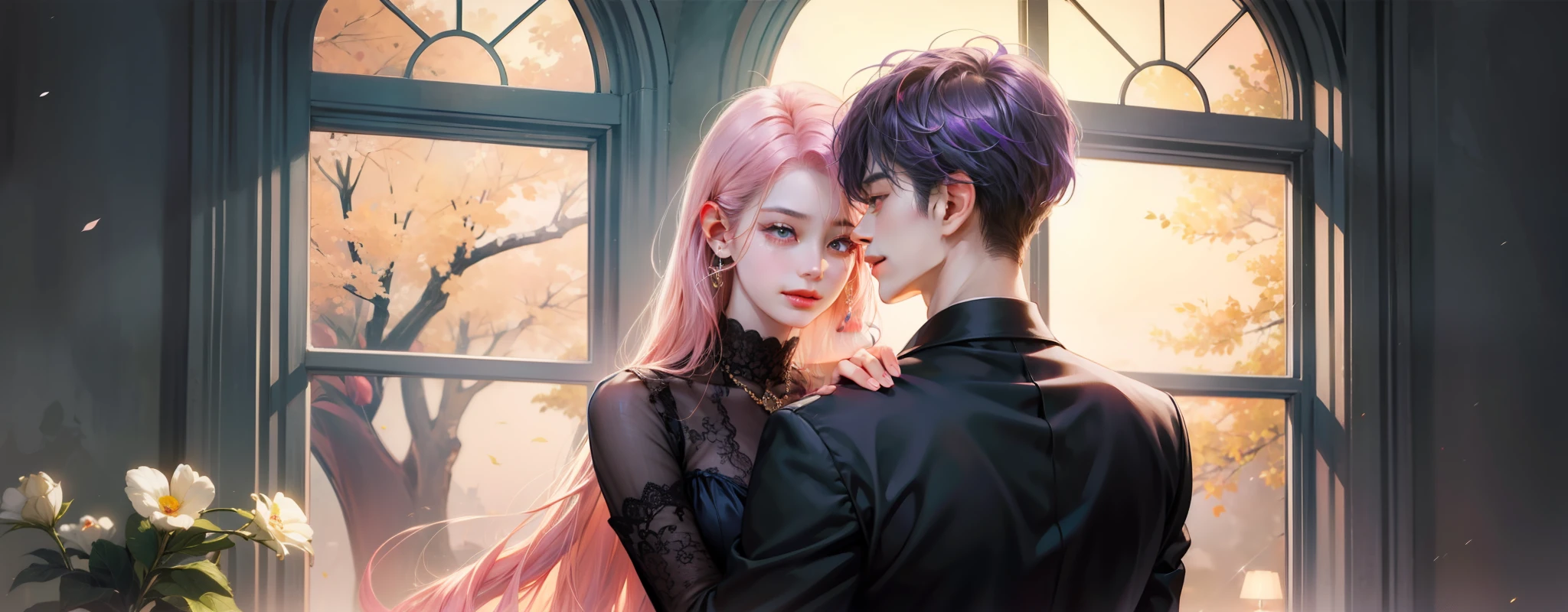 masterpiece, top-quality, 2Others, Male and female couples, 1 man and 1,, Adults, Height difference, different fashion, different color, finely eye and detailed face, intricate detailes, Casual clothing, Oversized shirt, Modern urban streets, Hands on back, A smile, Happiness, tenderness, high-level image quality、 beautiful male、tall、hug from behind、Trying to kiss、window、nightfall、nighttime scene、𝓡𝓸𝓶𝓪𝓷𝓽𝓲𝓬、Korean Male, Idol Photos, k pop, Professional Photos, Vampires, Korean fashion in black and white, Fedoman with necklace, inspired by Sim Sa-jeong, androgynous vampire, :9 detailed face: 8, extra detailed face, detailed punk hair, ((asa)) baggy eyes, Seductive. Highly detailed, semi realistic anime, Vampires, hyperrealistic teen, delicate androgynous prince, imvu, short hair above the ears, Man with short hair, Woman with long hair, A man with a glaring expression and a woman with a gentle expression, With a short-haired man with bright purple hair, Woman with pretty long pink hair