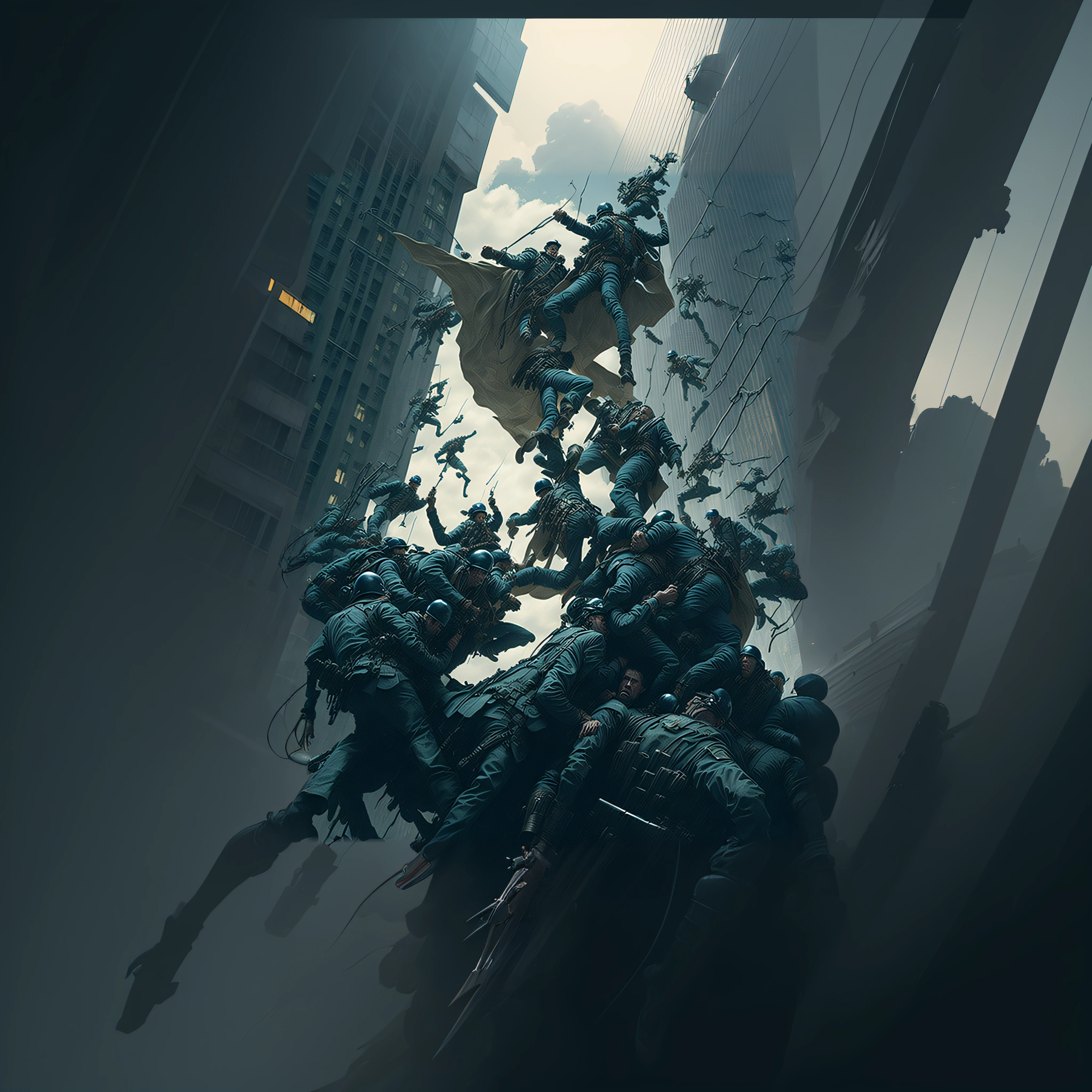 Los soldados vuelan en el aire cerca de una estatua de un hombre, Wojtek FUS, por Jeremy Geddes, Kinematic. por leng jun, Beeple y James Jean, inspirado por Jeremy Geddes, Greg Rutkowski. Kinematic, por Artur Tarnowski, Beeple y Jean Giraud, Ross Tran 8 K, por Yanjun Cheng