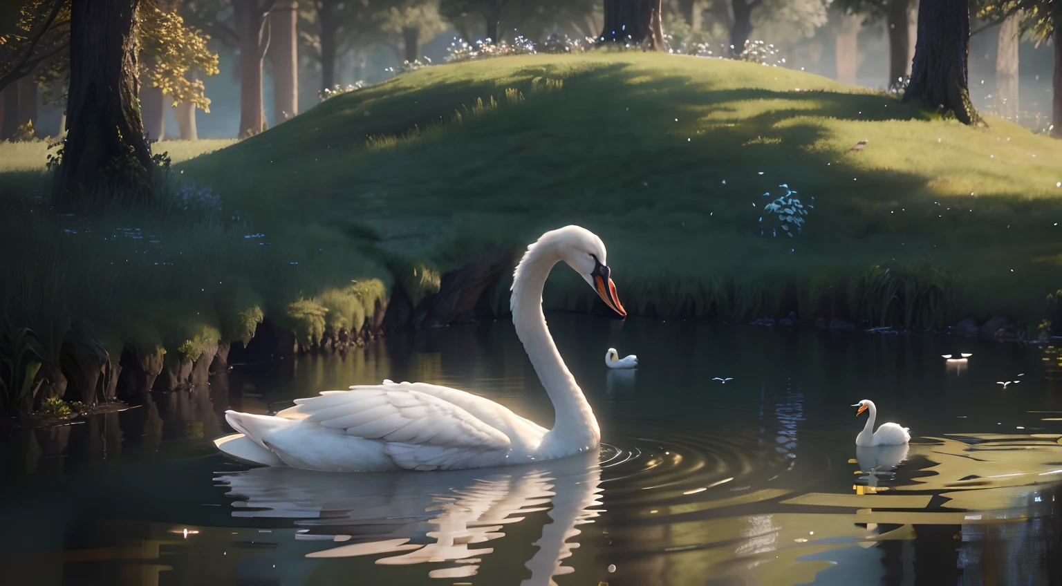 There is a white swan swimming in a pond, cisne, peaceful and graceful, raio v, natural realistic render, Disney fotorrealista, Cisnes, global ilumination. VFX, beautiful composition, Aquarela altamente detalhada 8K, Aquarela altamente detalhada 8 K, Elegant cinematic photorealism, realistic fantasy rendering, bela arte digital